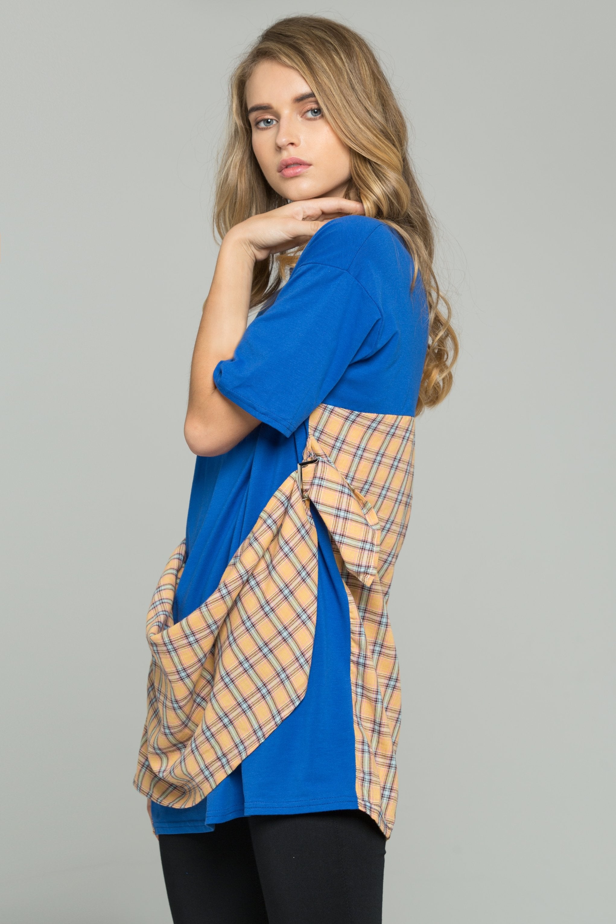 Blue Wide Shoulder Wrap-Around Plaid Scarf  T-Shirt - ownthelooks-Development