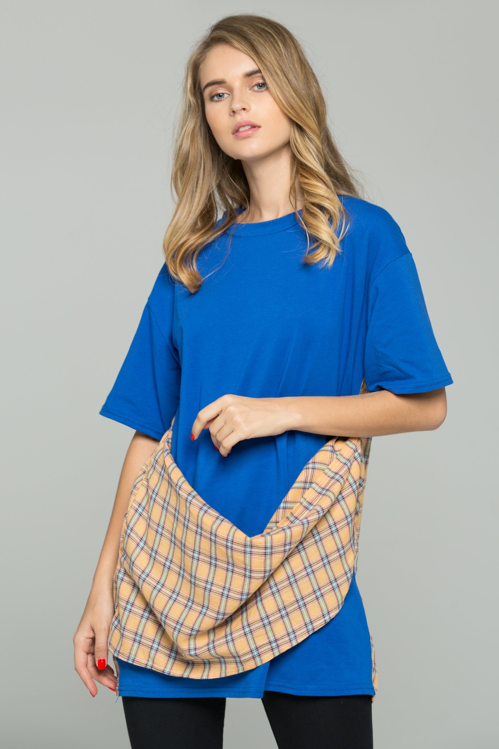 Blue Wide Shoulder Wrap-Around Plaid Scarf  T-Shirt - ownthelooks-Development