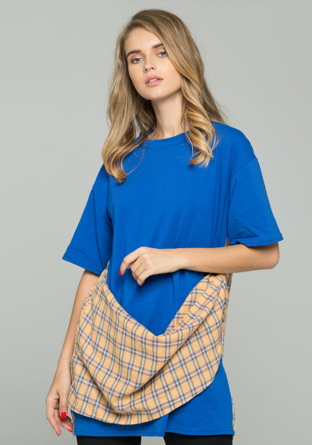 Blue Wide Shoulder Wrap-Around Plaid Scarf  T-Shirt - ownthelooks-Development