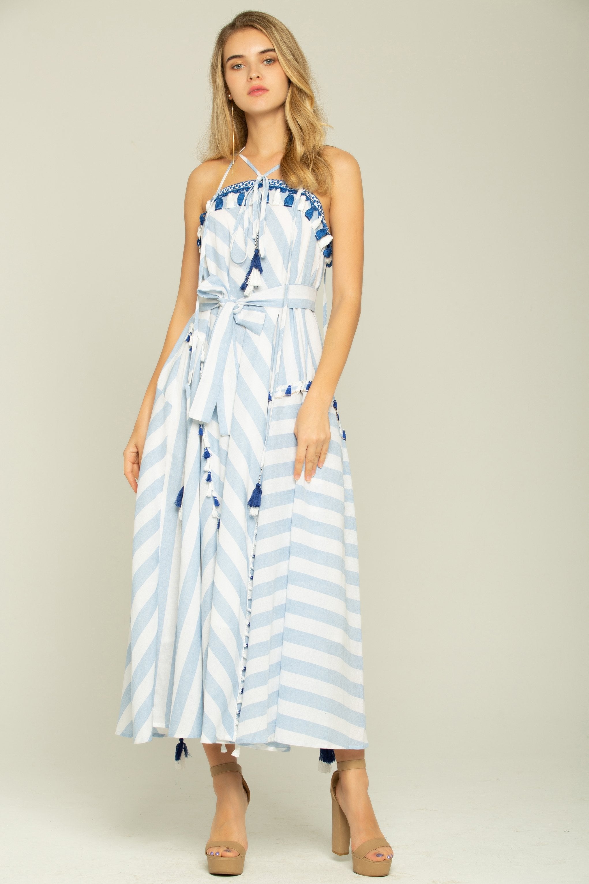 Blue and White Asymmetrical Stripes Maxi Dress - ownthelooks-Development