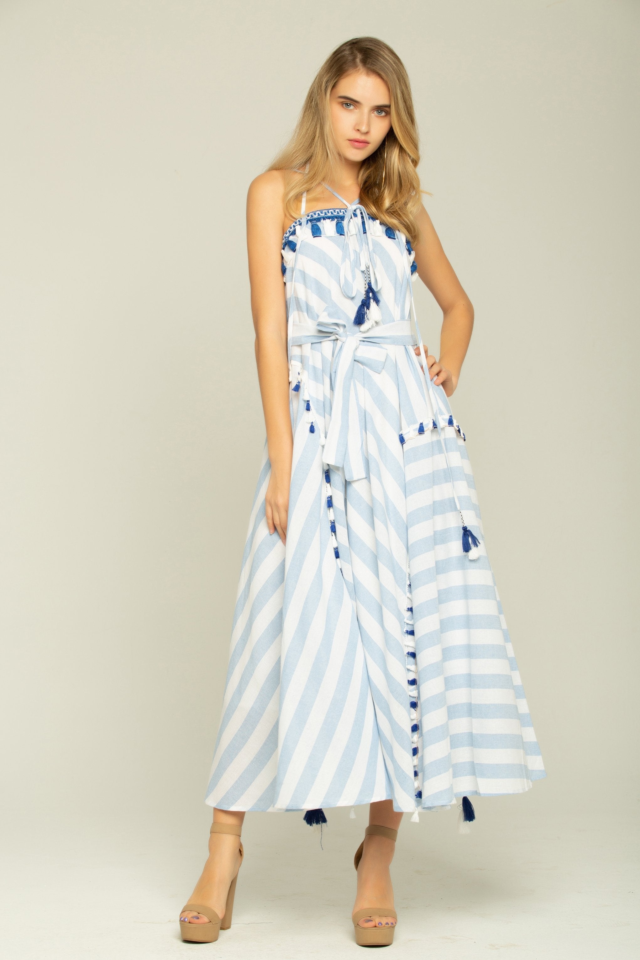 Blue and White Asymmetrical Stripes Maxi Dress - ownthelooks-Development
