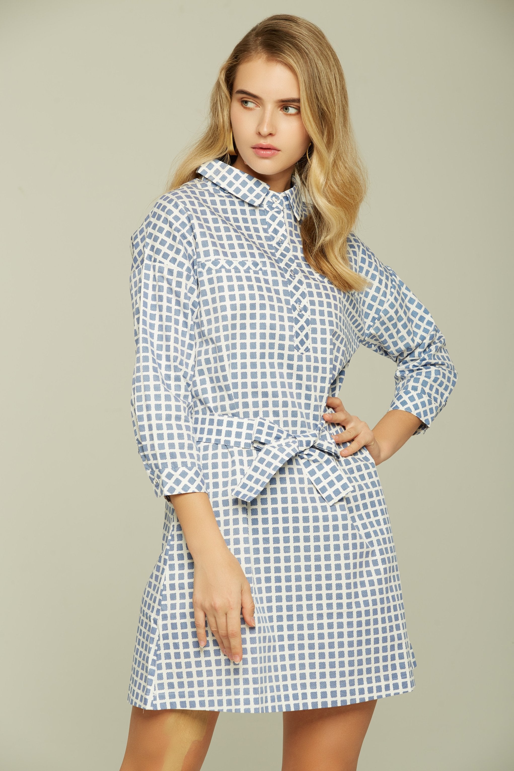 Blue and White Check Button-up Dress - ownthelooks-Development