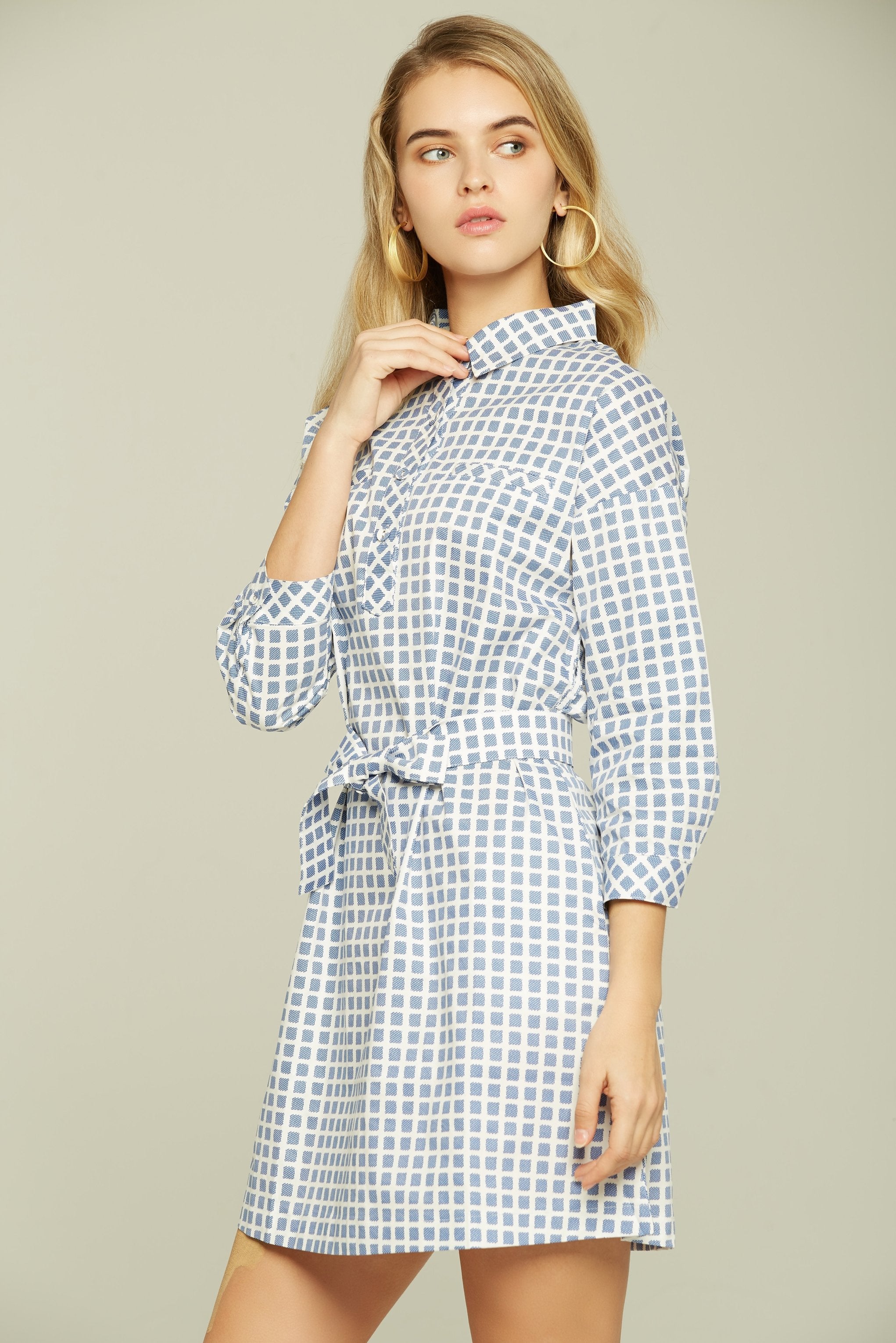 Blue and White Check Button-up Dress - ownthelooks-Development
