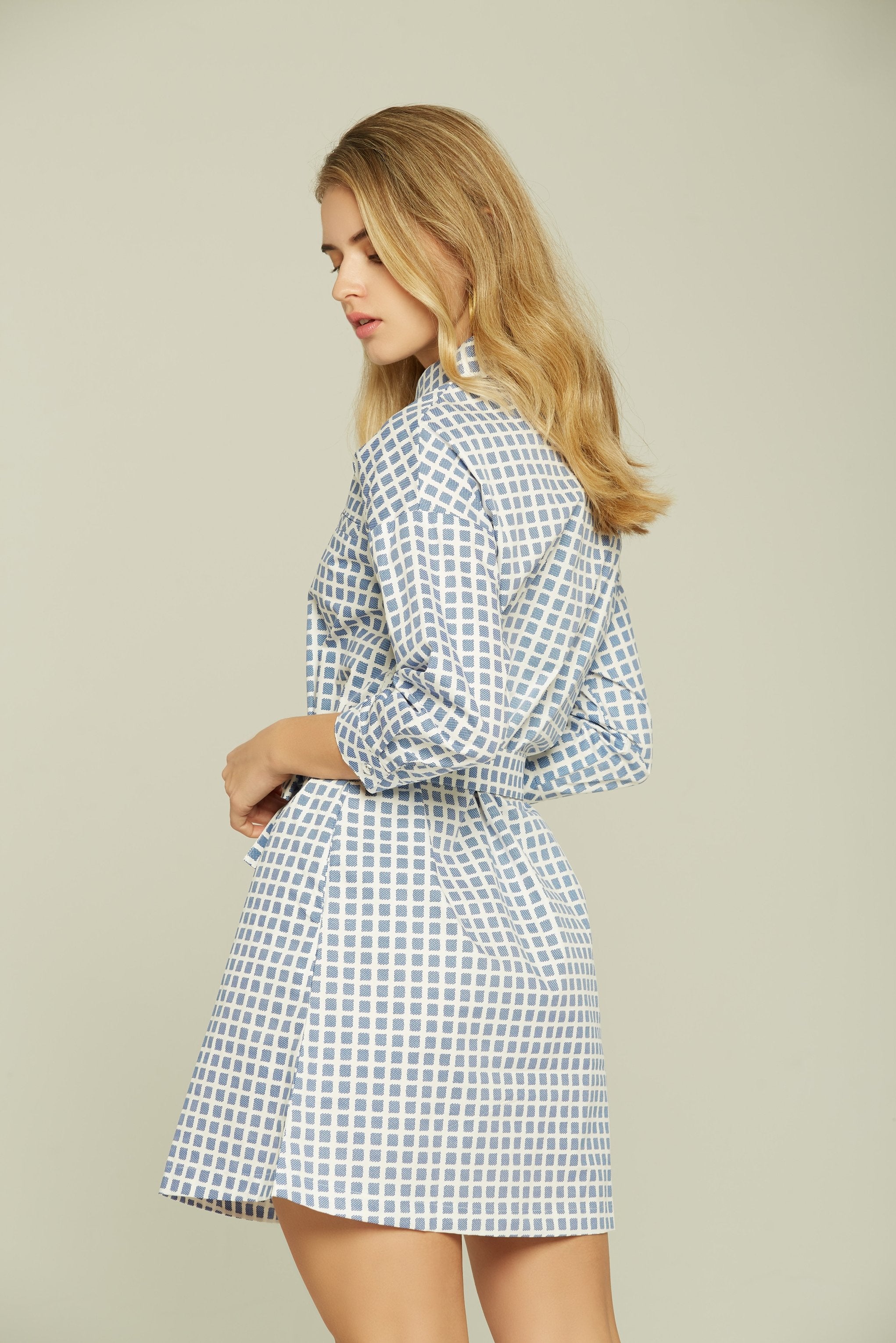Blue and White Check Button-up Dress - ownthelooks-Development