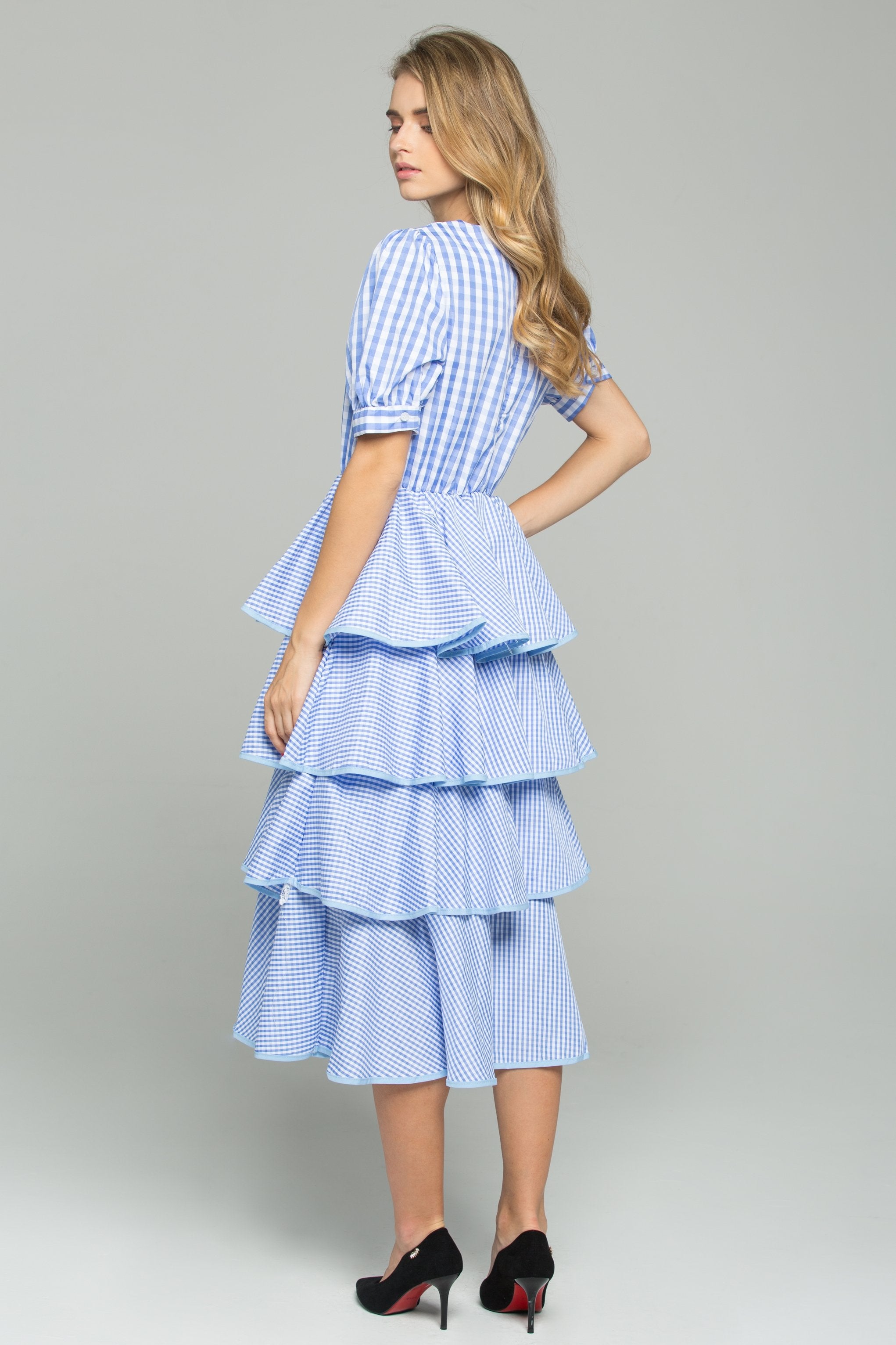 Blue and White Gingham Midi Dress - ownthelooks-Development