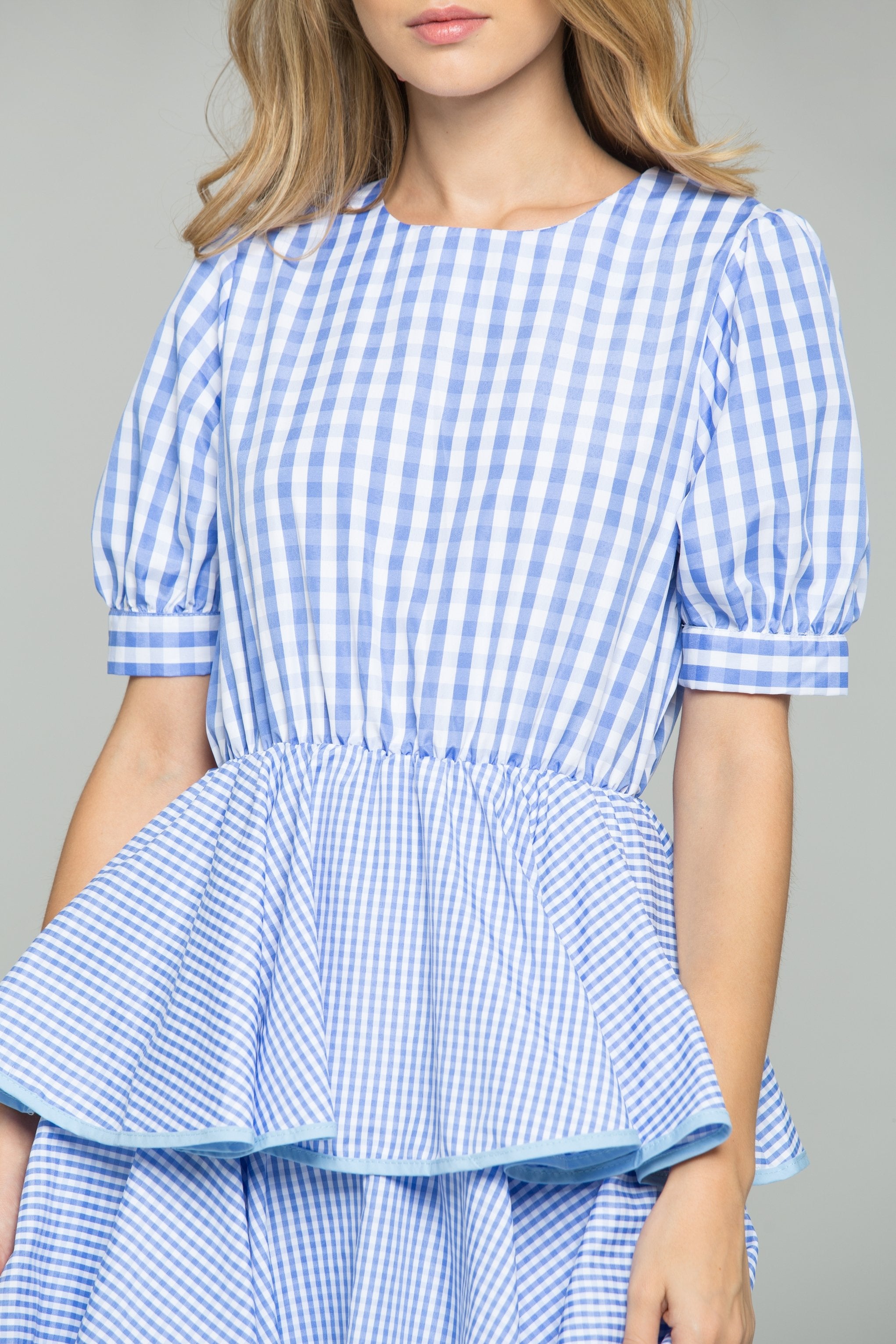Blue and White Gingham Midi Dress - ownthelooks-Development