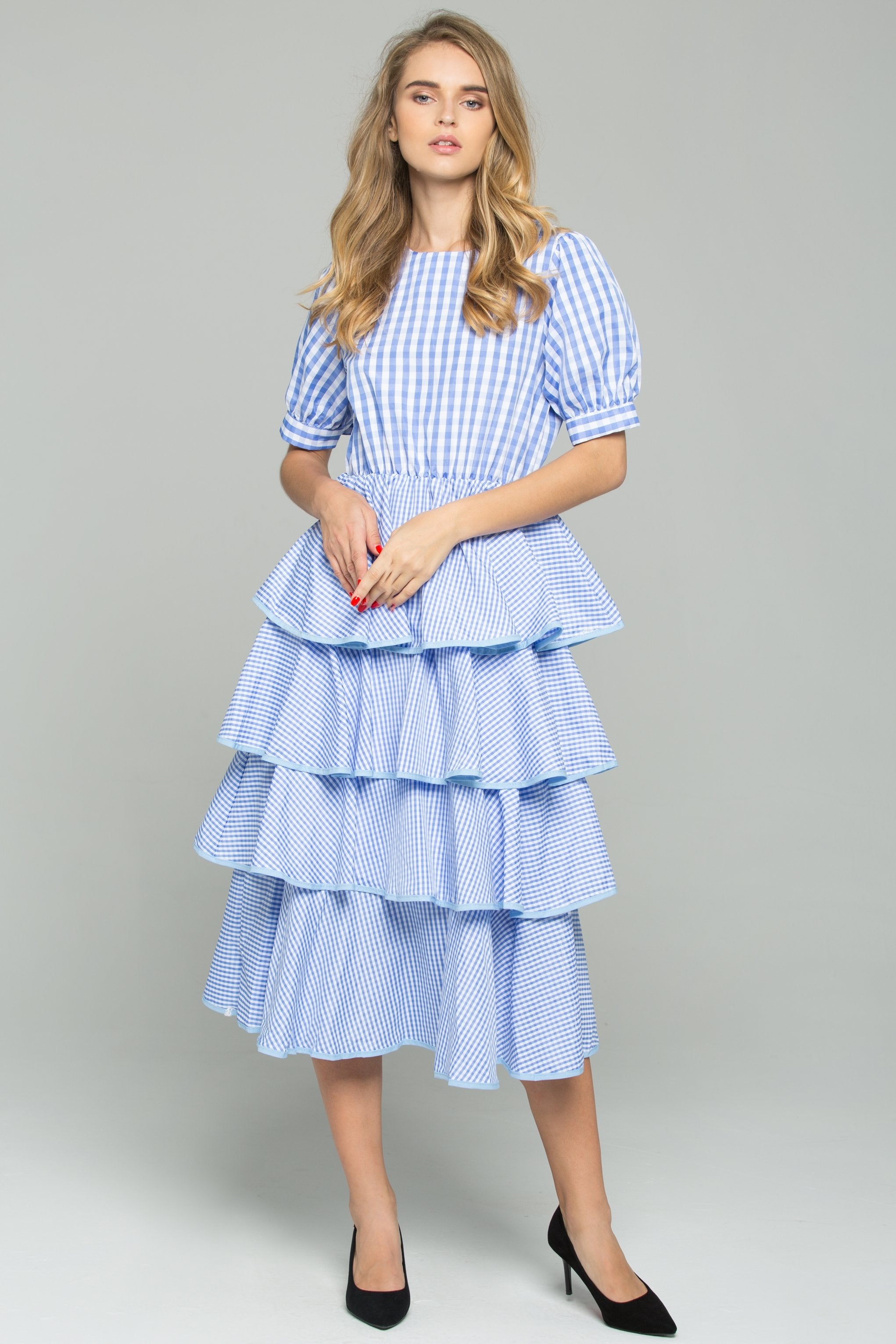 Blue and White Gingham Midi Dress - ownthelooks-Development