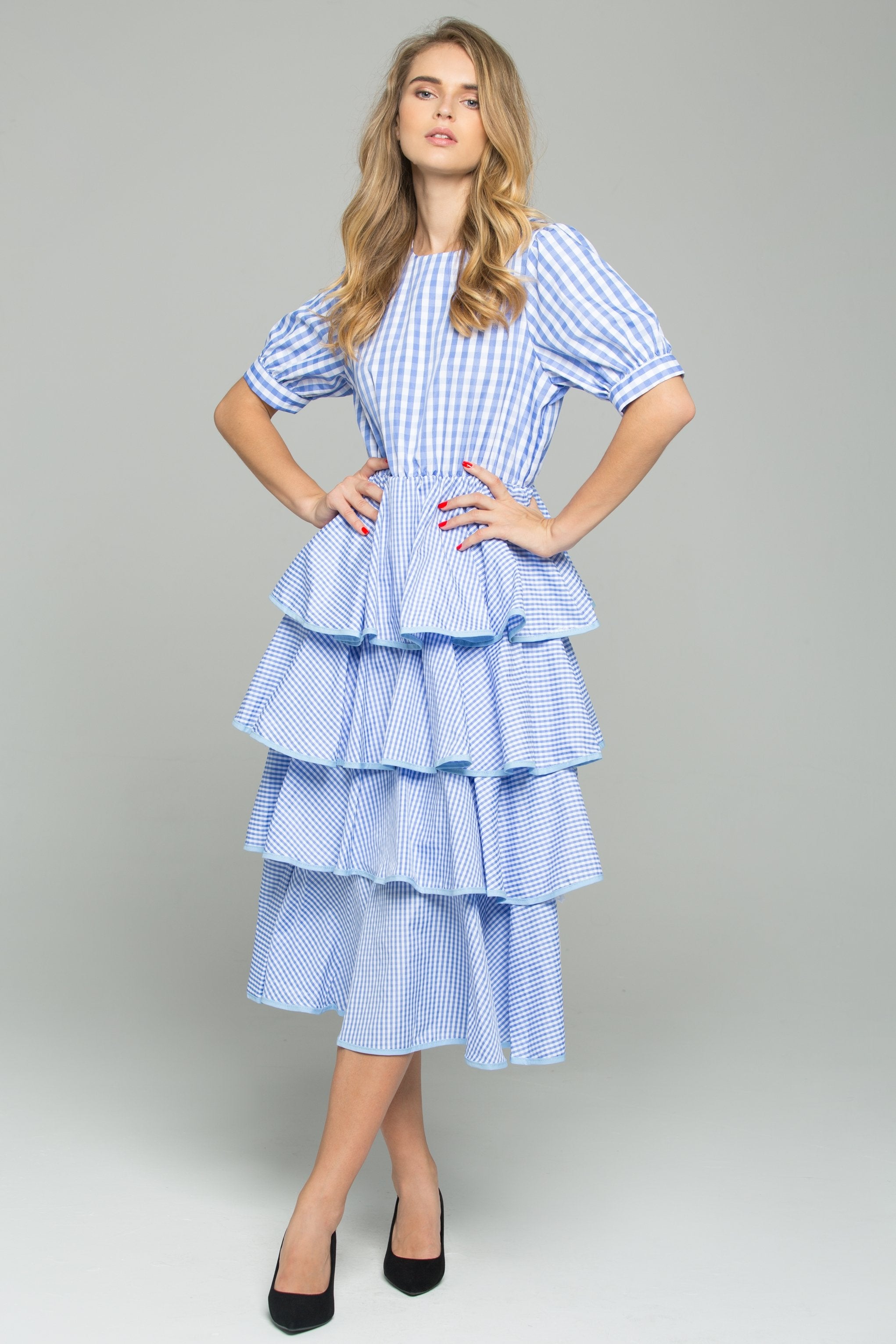 Blue and White Gingham Midi Dress - ownthelooks-Development