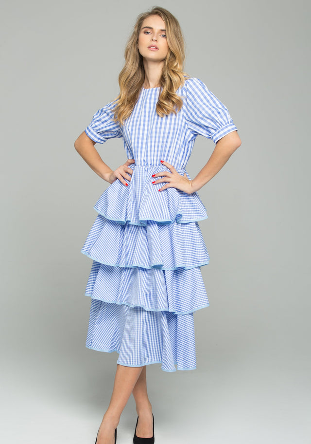 Blue and White Gingham Midi Dress - ownthelooks-Development