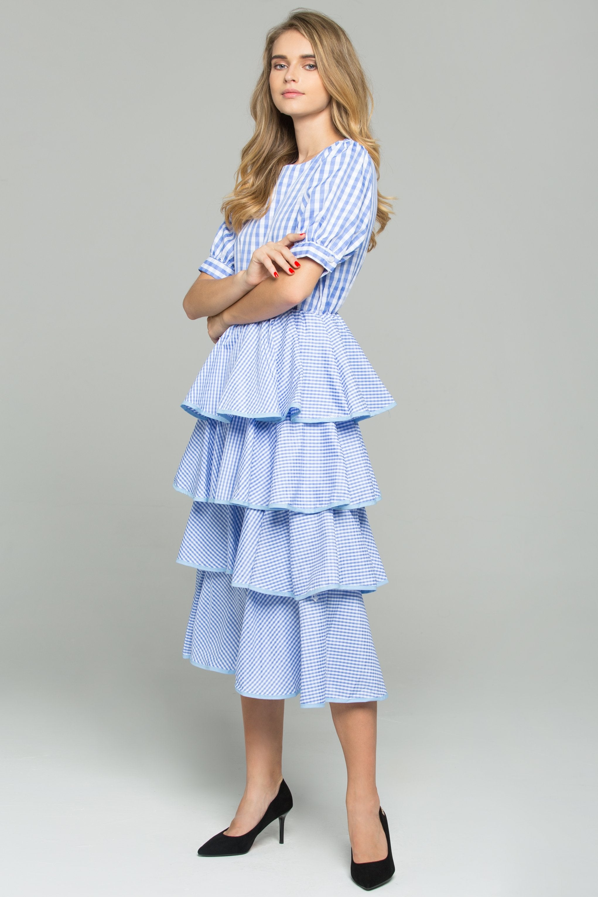 Blue and White Gingham Midi Dress - ownthelooks-Development