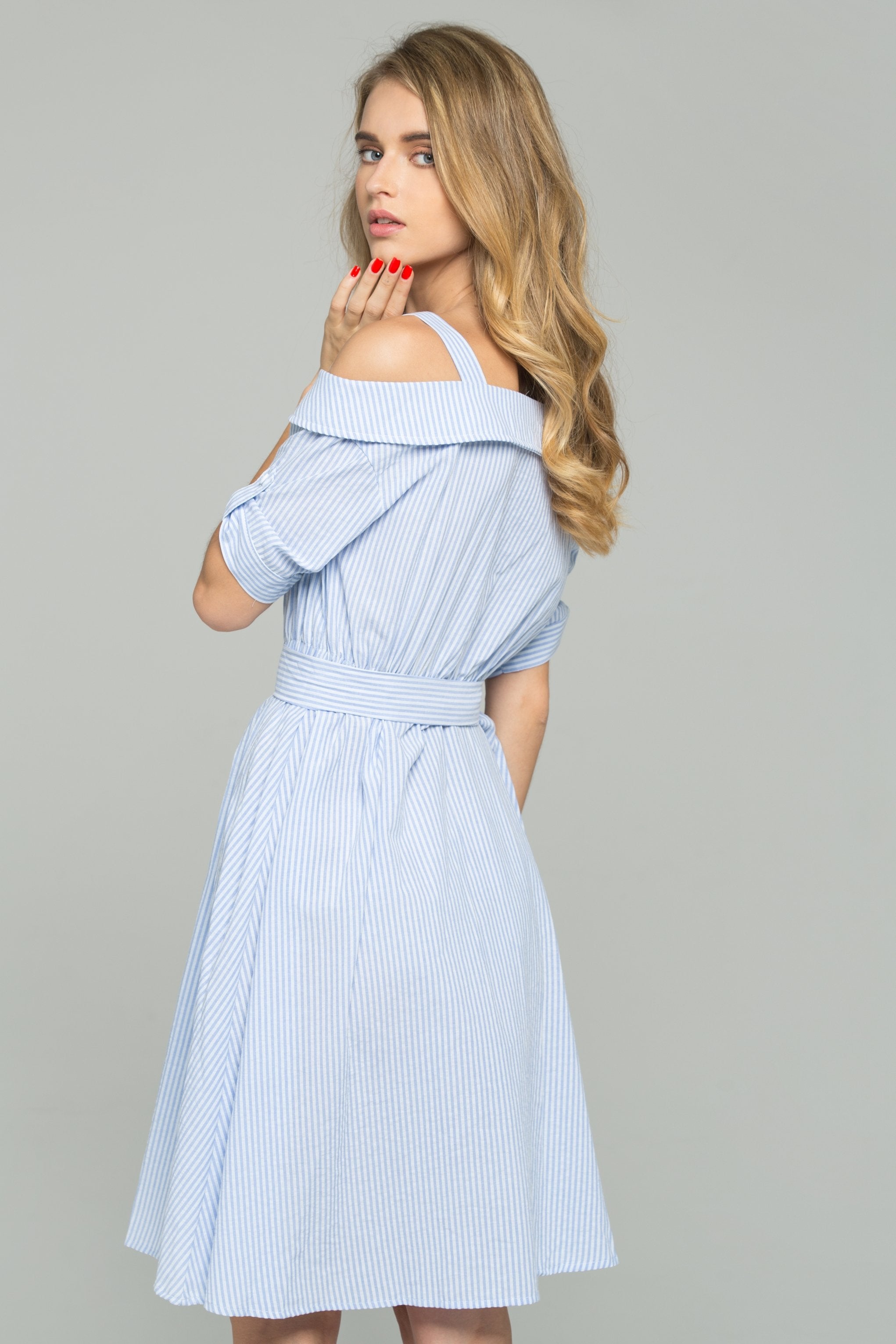 Blue and White Striped Ribbon Strap Cold-Shoulder Collared Shirt Dress - ownthelooks-Development