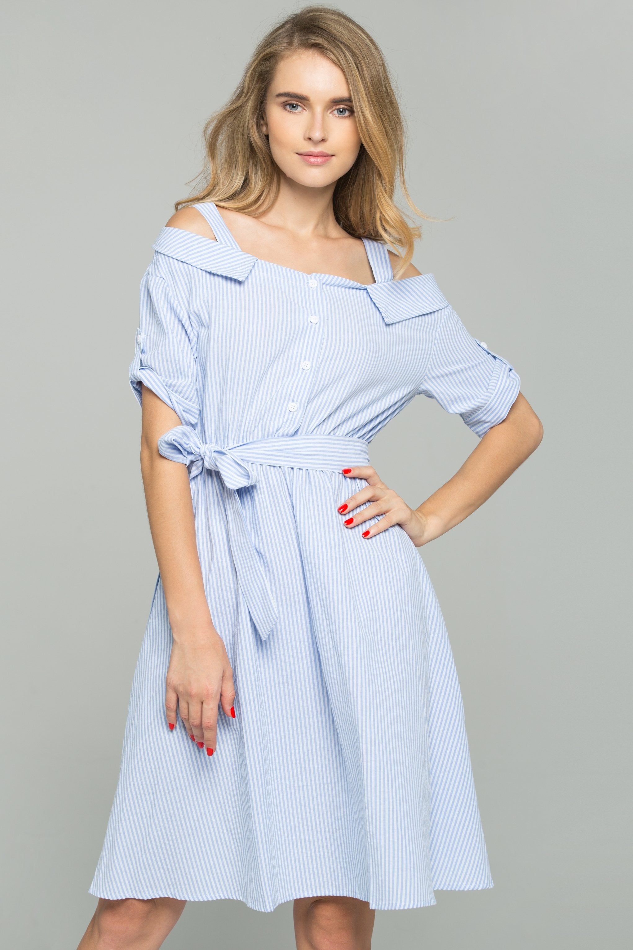 Blue and White Striped Ribbon Strap Cold-Shoulder Collared Shirt Dress - ownthelooks-Development