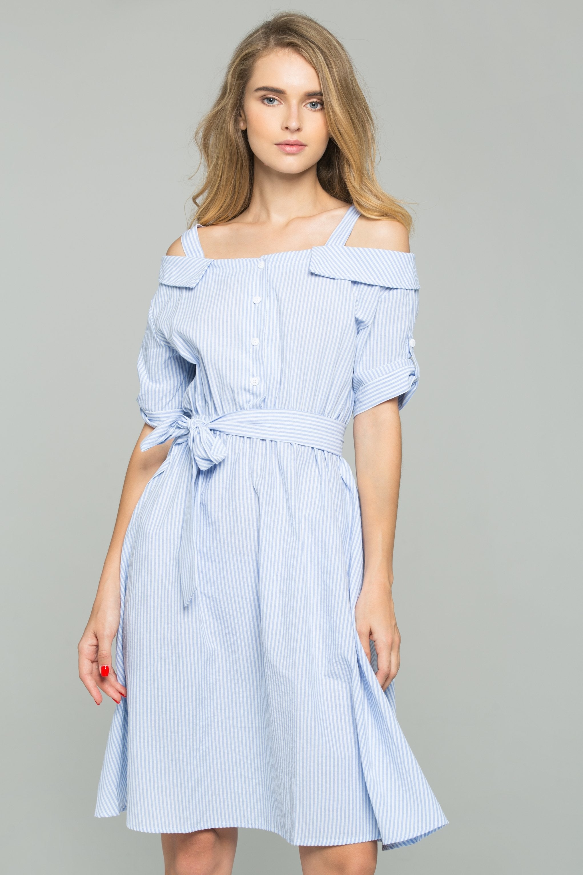 Blue and White Striped Ribbon Strap Cold-Shoulder Collared Shirt Dress - ownthelooks-Development