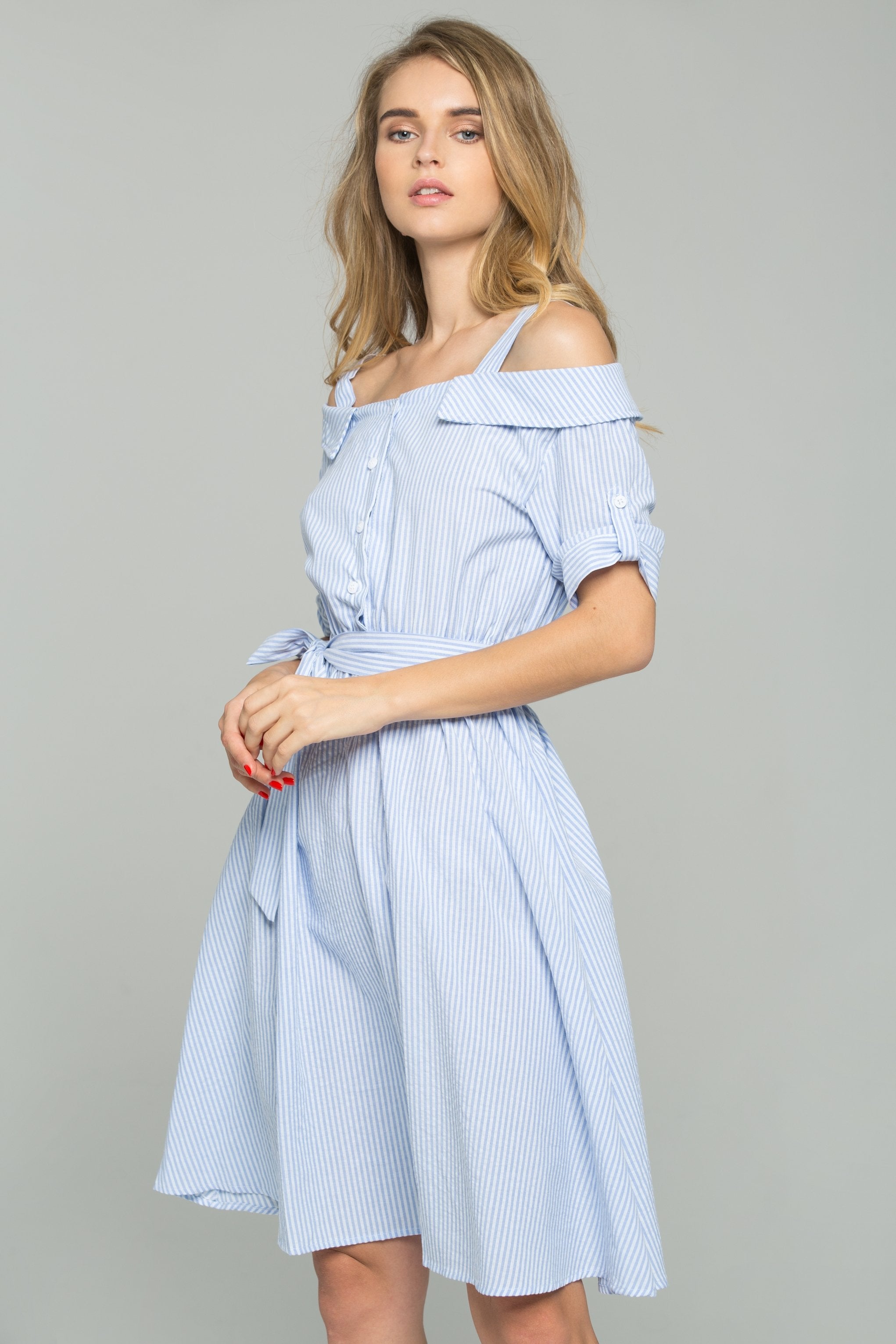 Blue and White Striped Ribbon Strap Cold-Shoulder Collared Shirt Dress - ownthelooks-Development