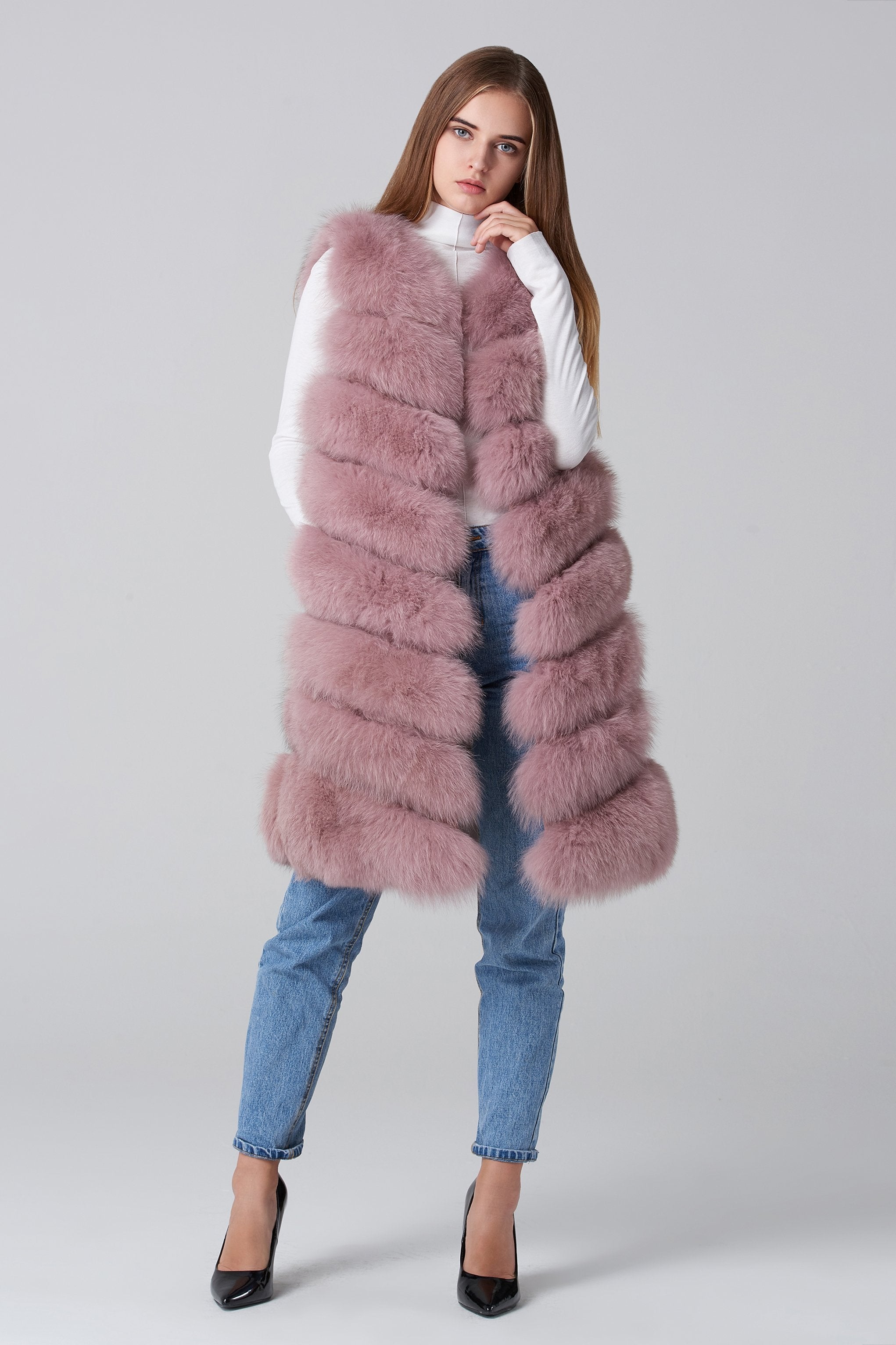 Blush Pink Square Knee Length Fox Fur Coat - ownthelooks-Development