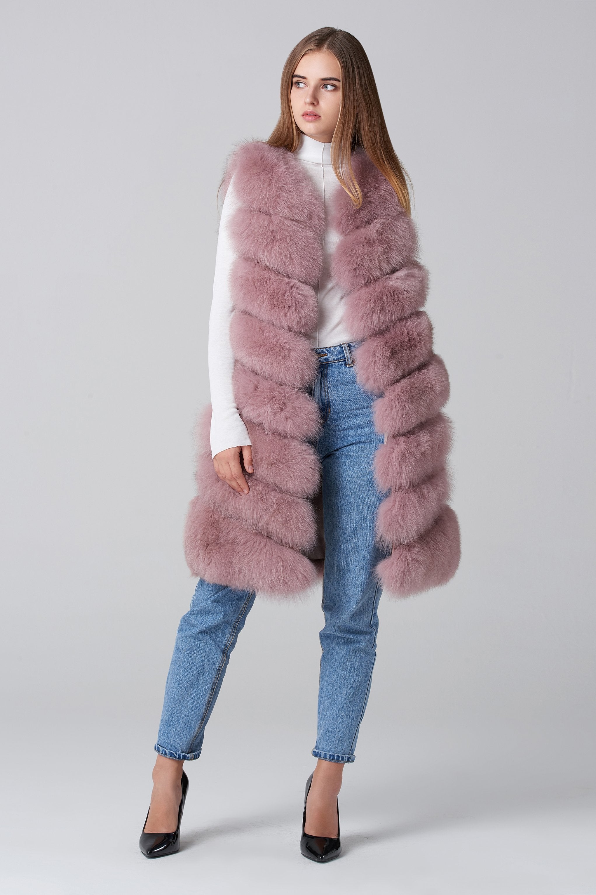 Blush Pink Square Knee Length Fox Fur Coat - ownthelooks-Development