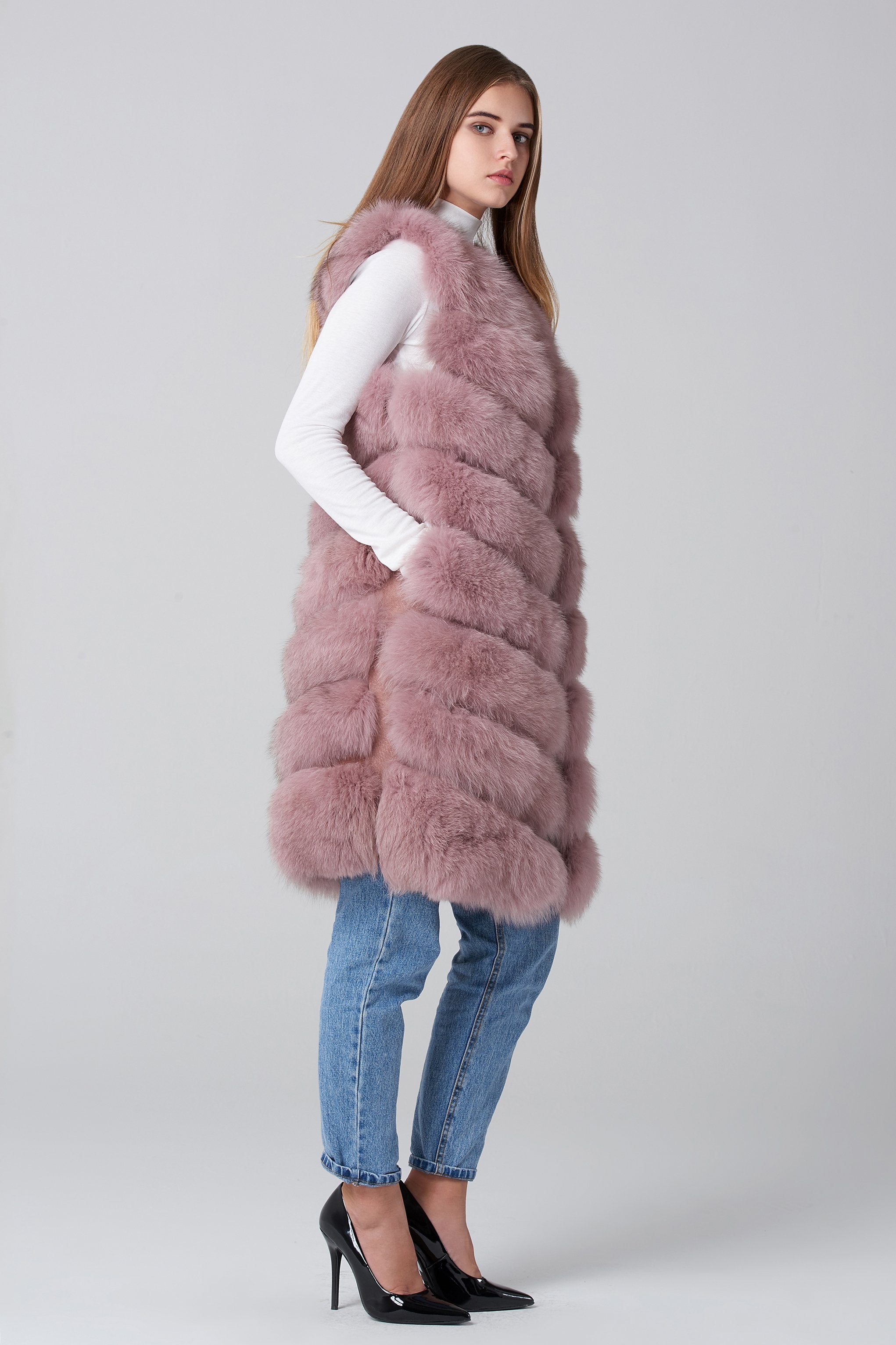 Blush Pink Square Knee Length Fox Fur Coat - ownthelooks-Development