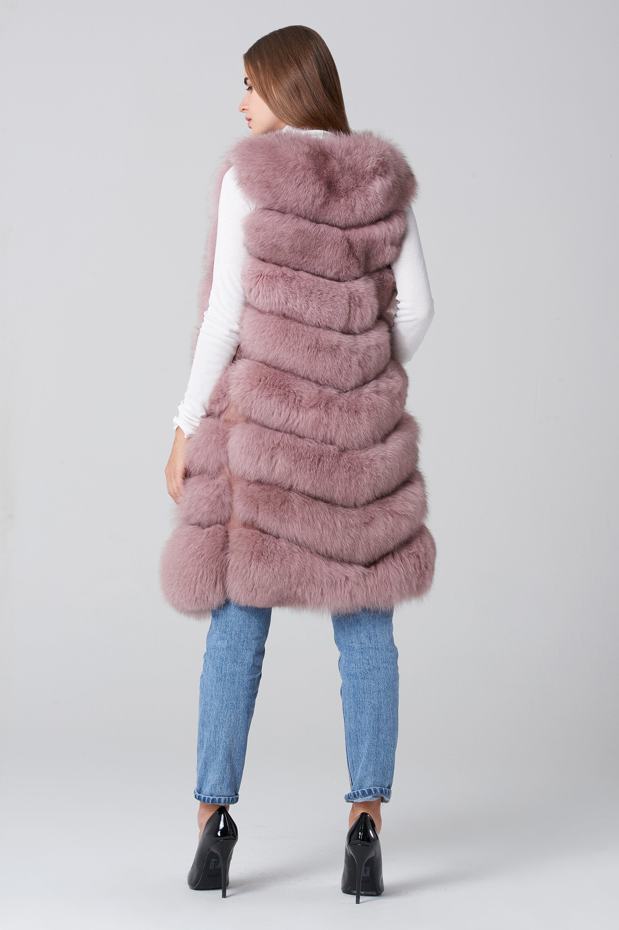 Blush Pink Square Knee Length Fox Fur Coat - ownthelooks-Development