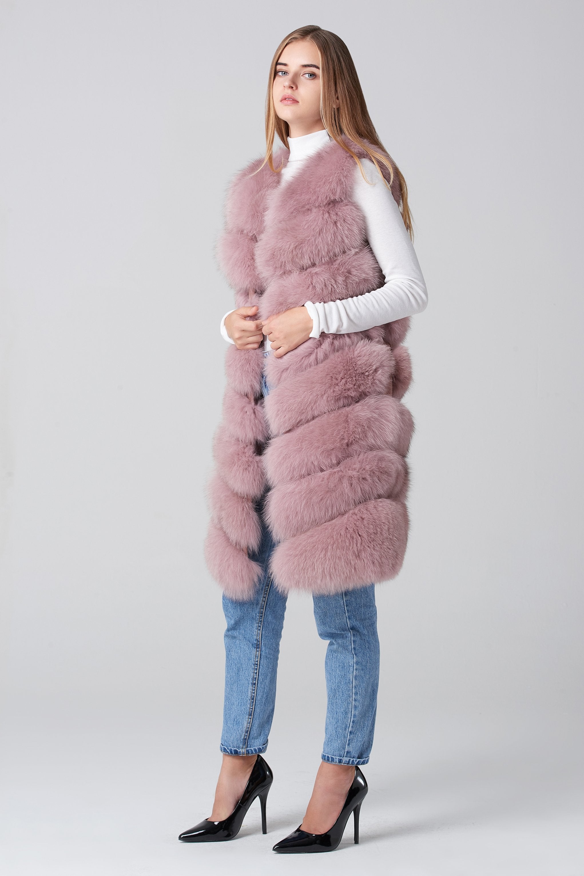 Blush Pink Square Knee Length Fox Fur Coat - ownthelooks-Development