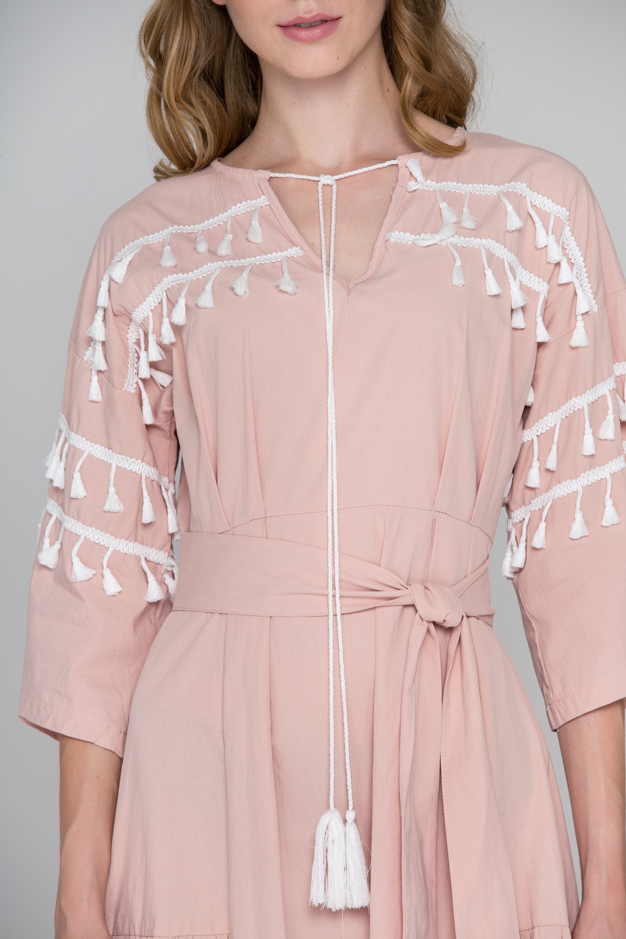 Blush and White Tassel Flare Sleeve Midi Dress - ownthelooks-Development