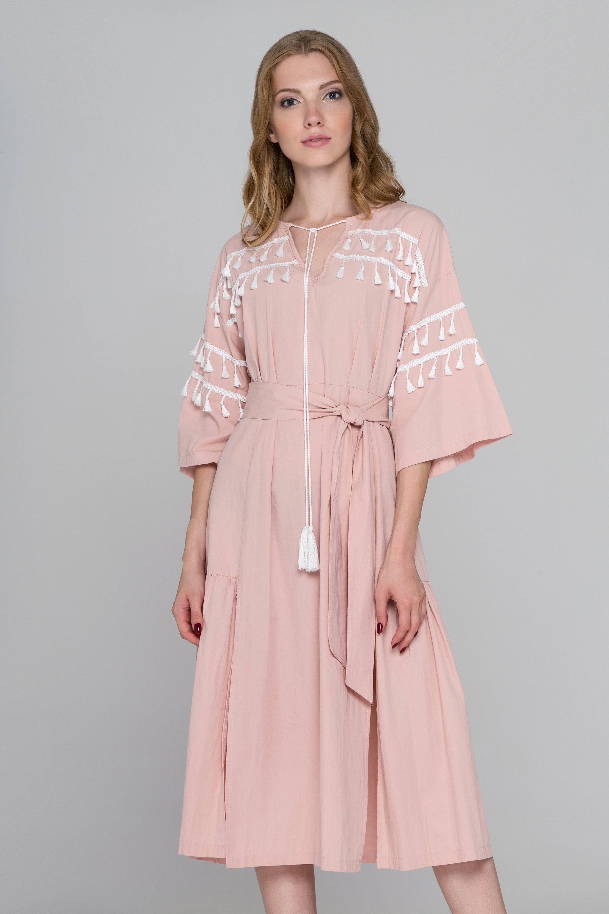 Blush and White Tassel Flare Sleeve Midi Dress - ownthelooks-Development