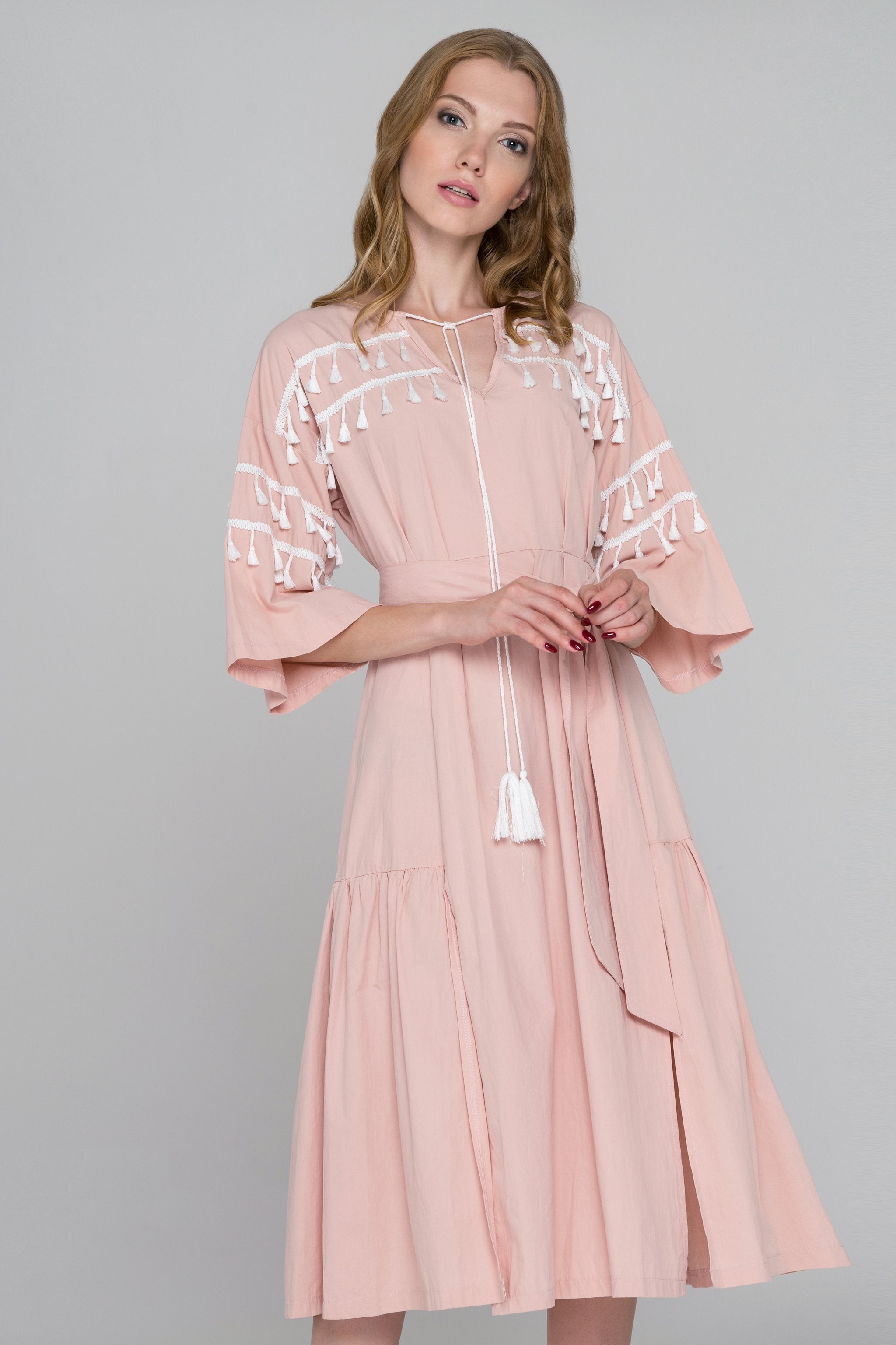 Blush and White Tassel Flare Sleeve Midi Dress - ownthelooks-Development