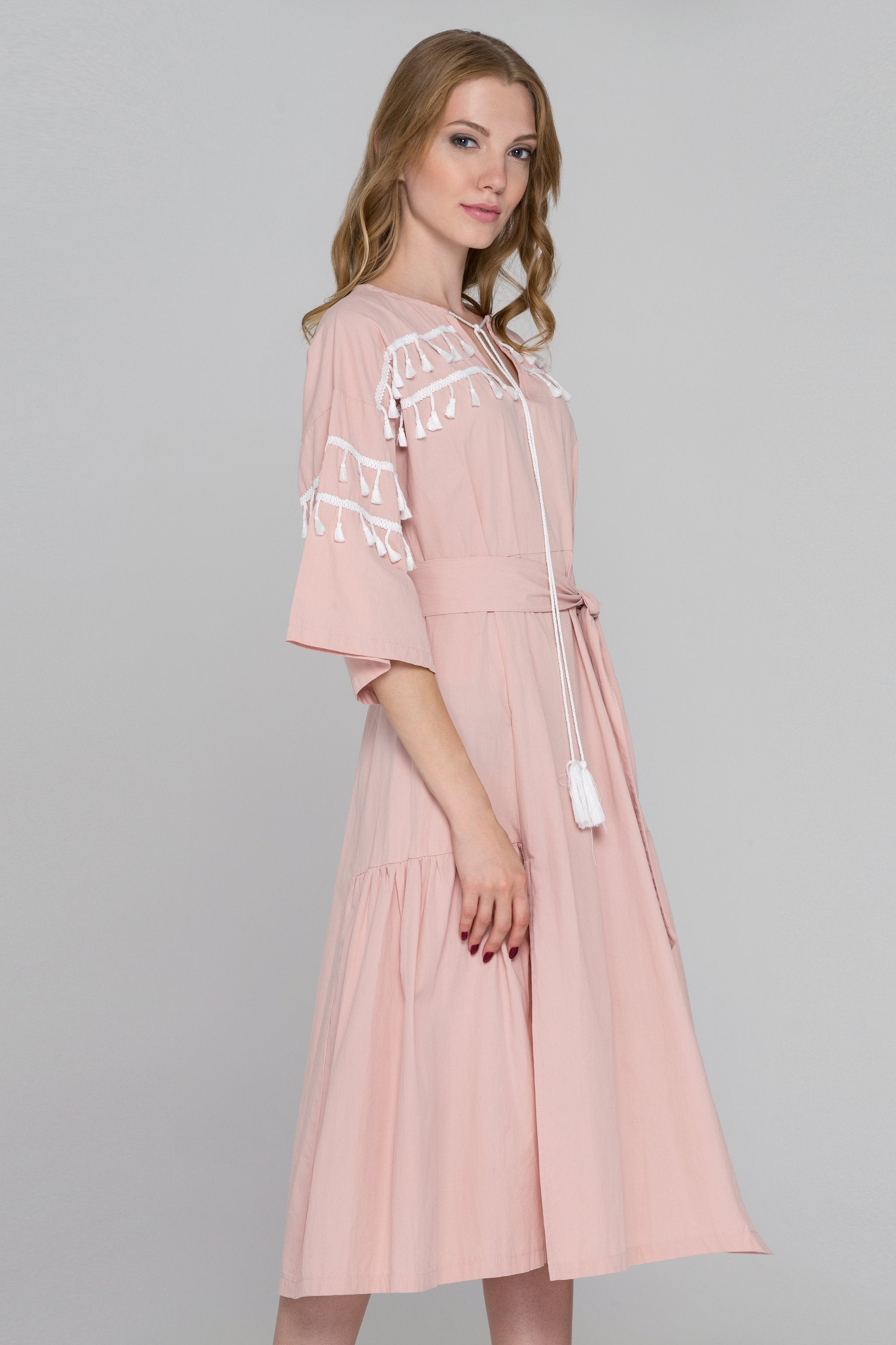 Blush and White Tassel Flare Sleeve Midi Dress - ownthelooks-Development