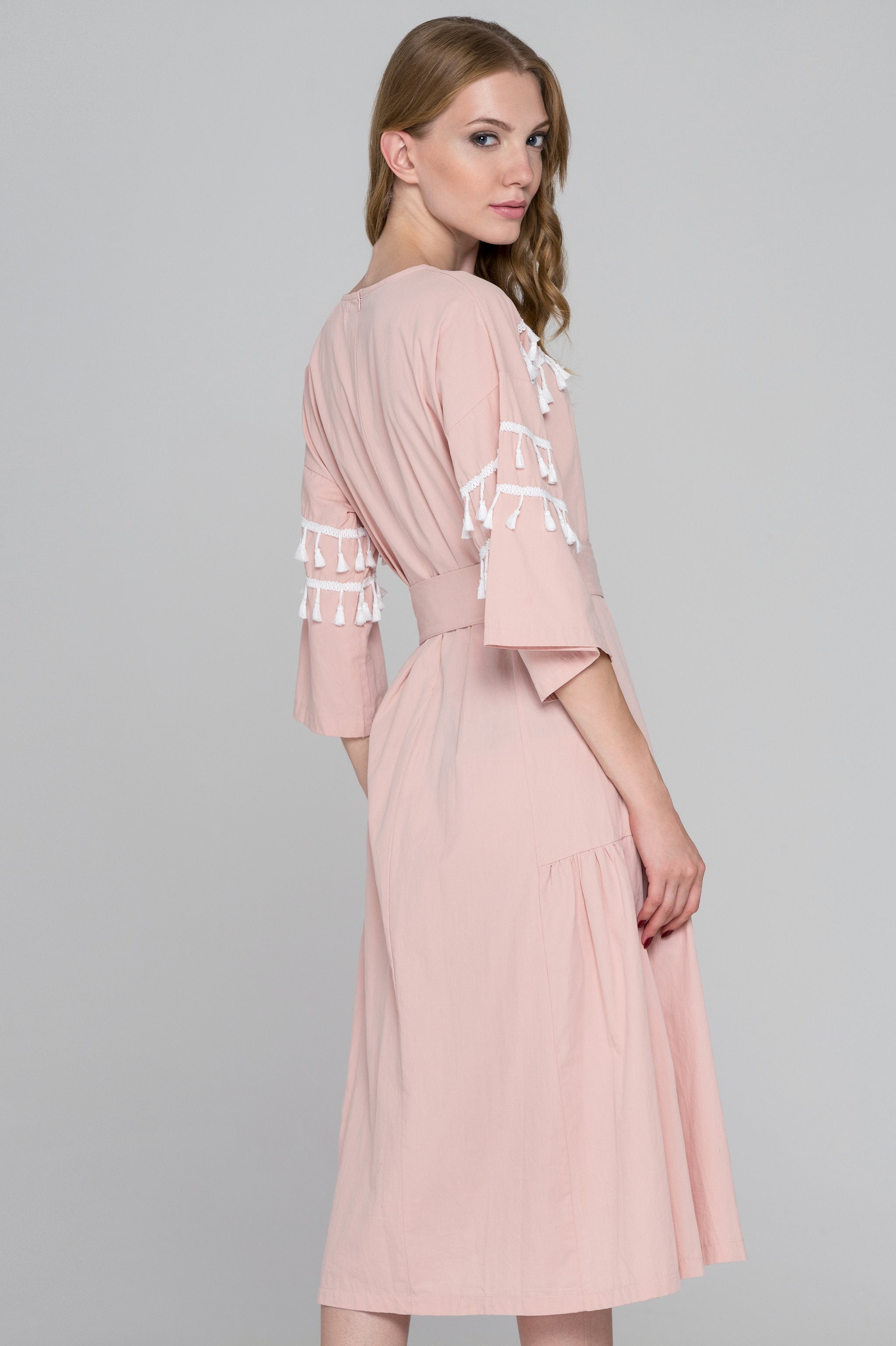 Blush and White Tassel Flare Sleeve Midi Dress - ownthelooks-Development