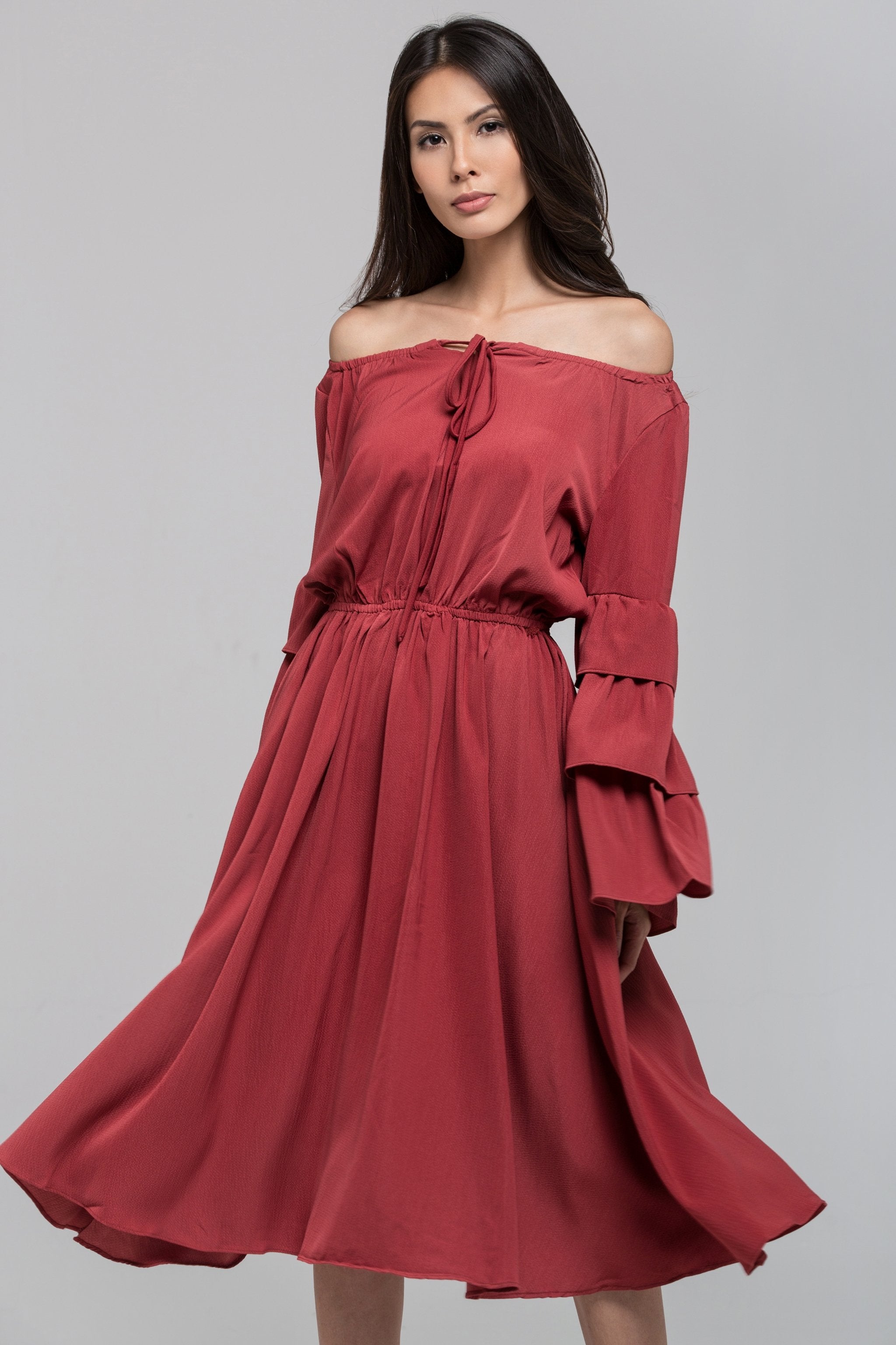 Brick Red Ruffle Flare Sleeve Midi Dress - ownthelooks-Development