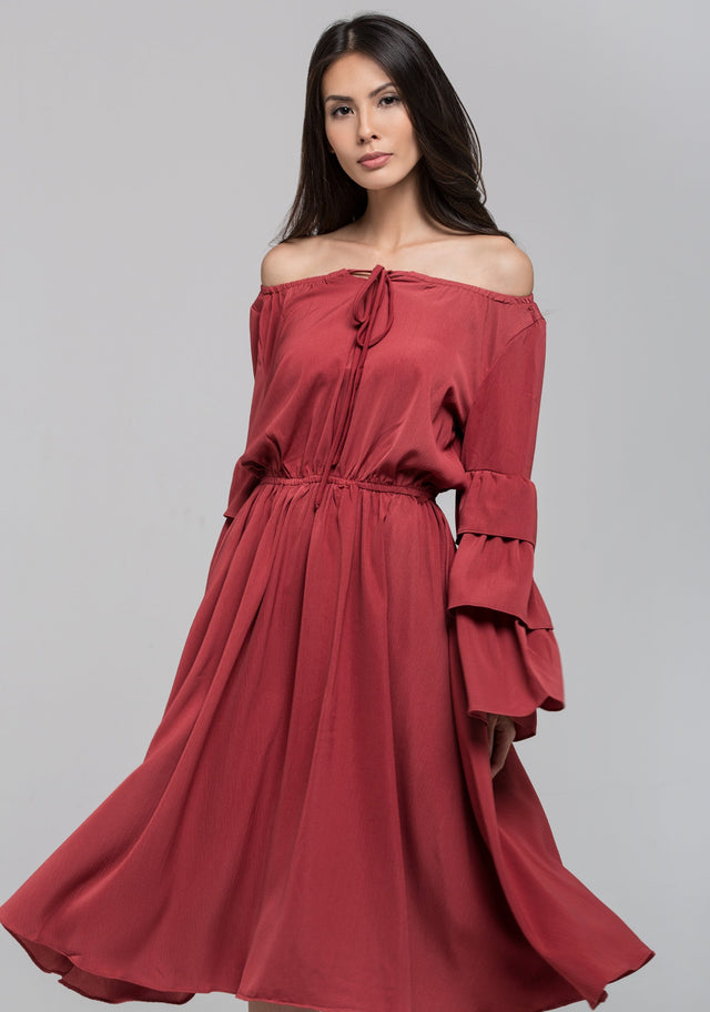 Brick Red Ruffle Flare Sleeve Midi Dress - ownthelooks-Development