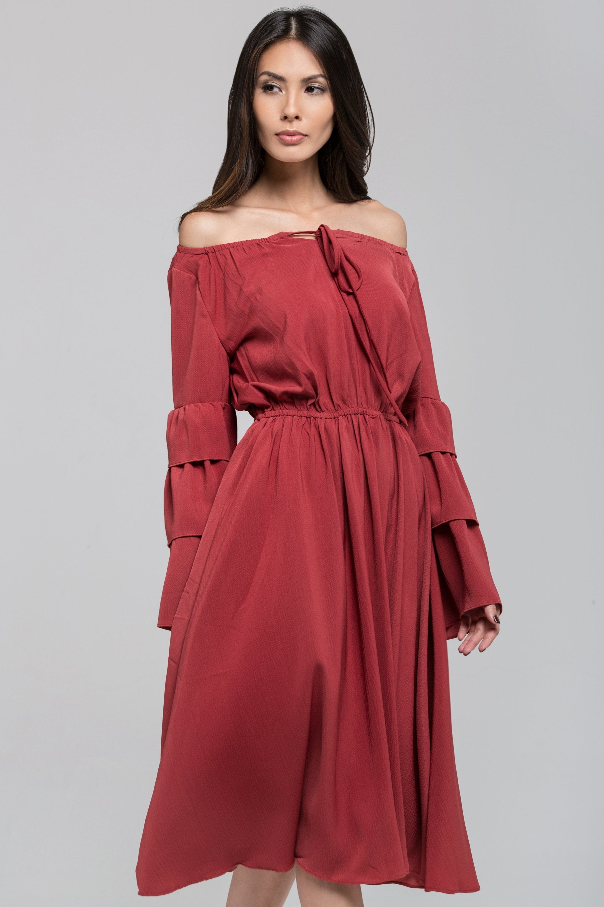Brick Red Ruffle Flare Sleeve Midi Dress - ownthelooks-Development