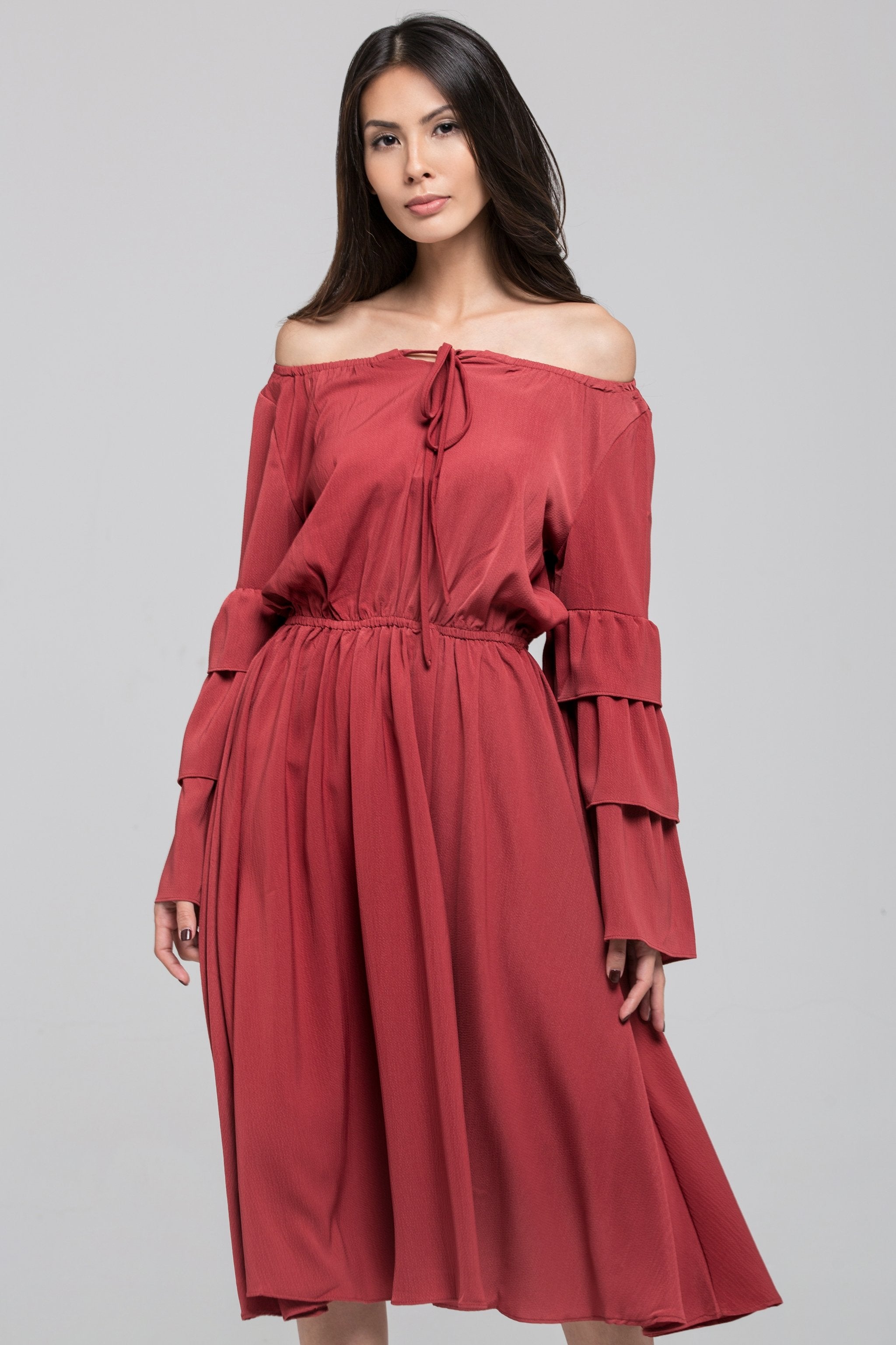 Brick Red Ruffle Flare Sleeve Midi Dress - ownthelooks-Development