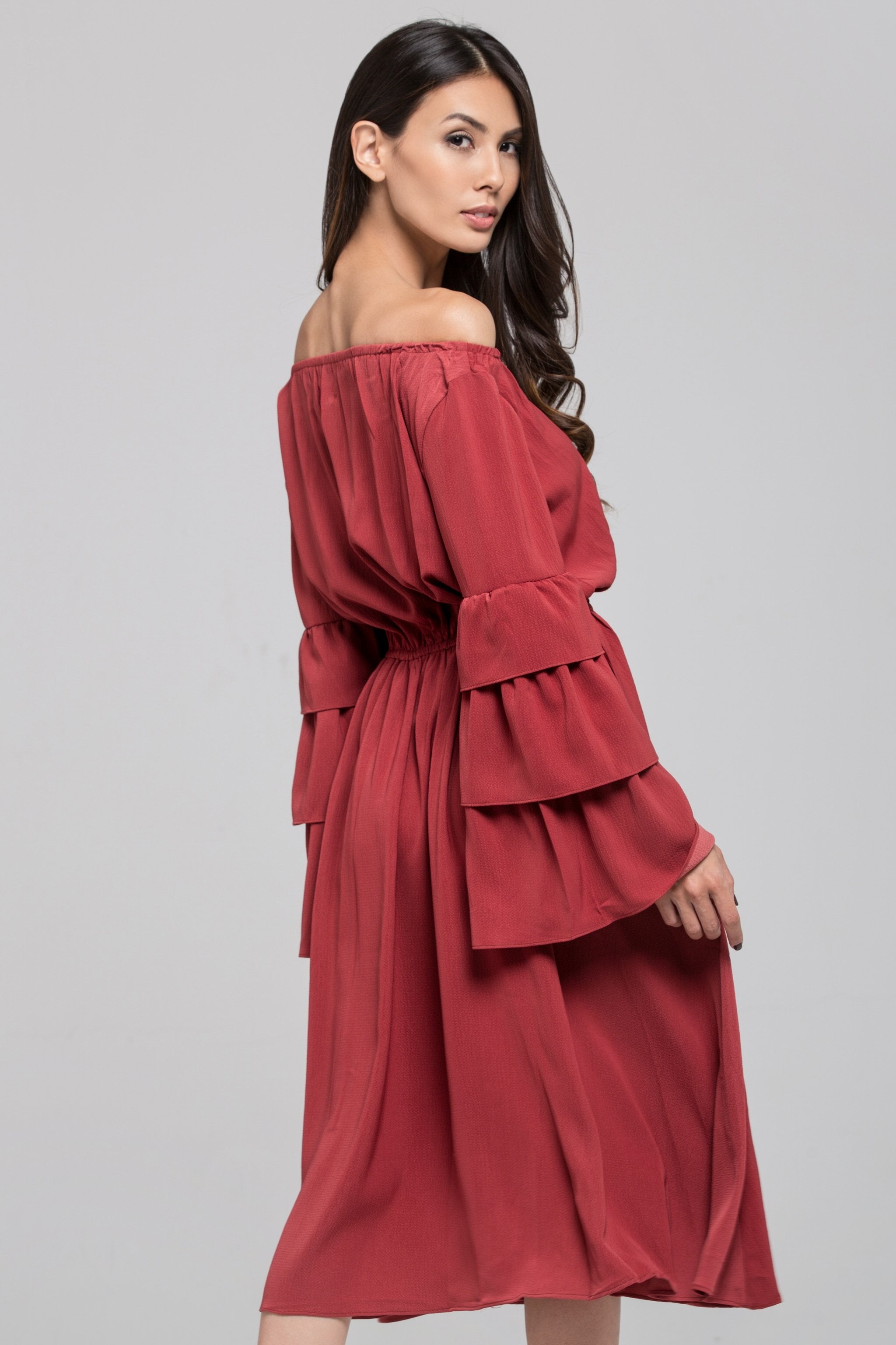 Brick Red Ruffle Flare Sleeve Midi Dress - ownthelooks-Development