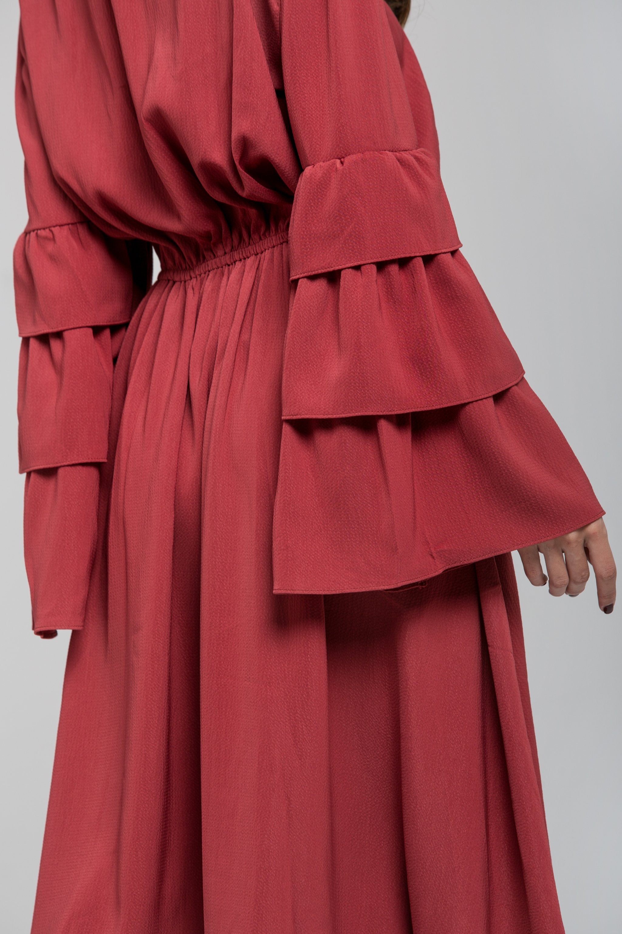 Brick Red Ruffle Flare Sleeve Midi Dress - ownthelooks-Development