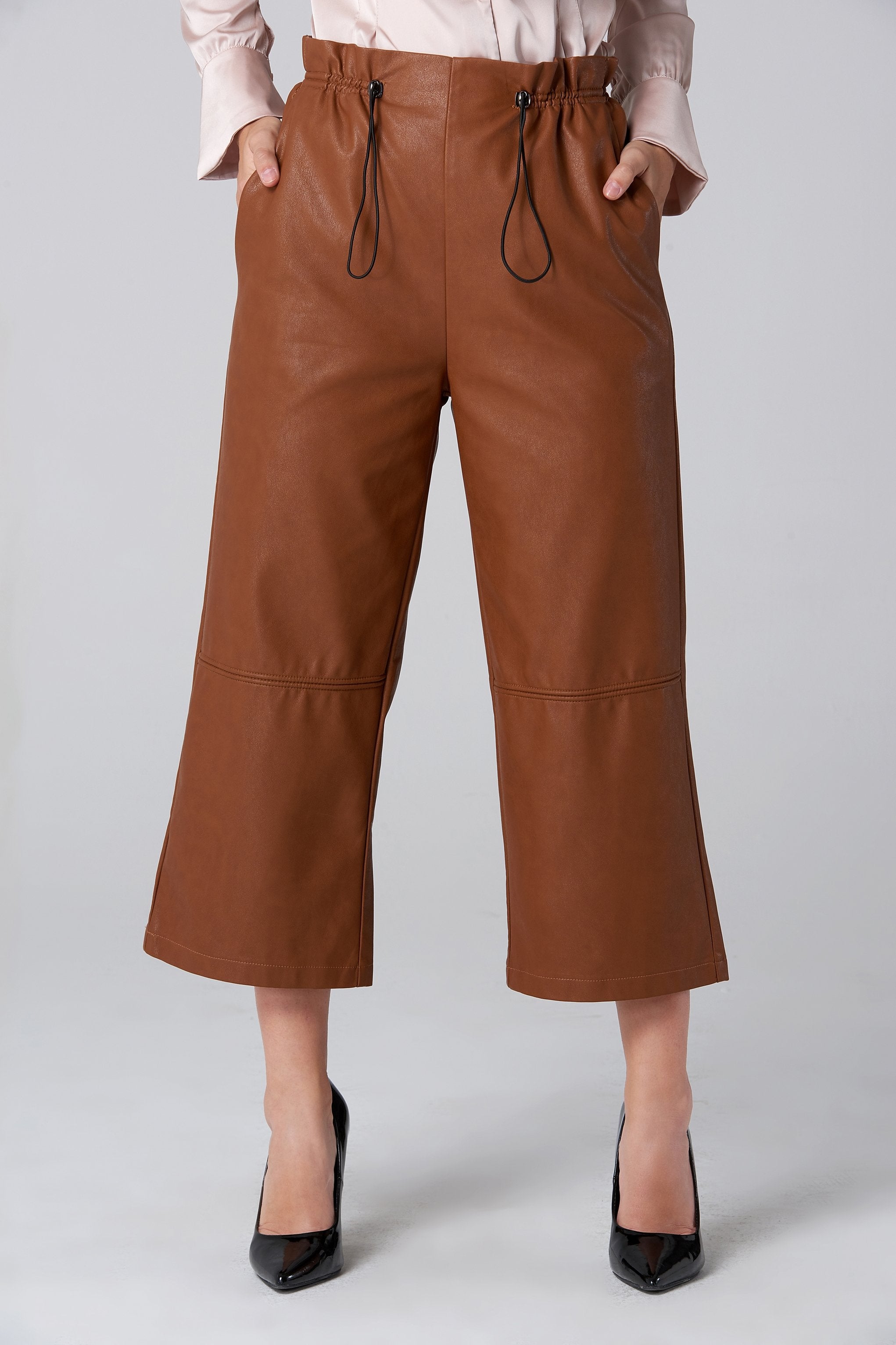 Brown Faux Leather Draw String Pants - ownthelooks-Development