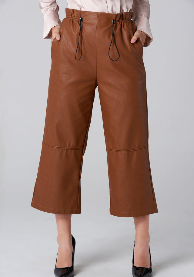 Brown Faux Leather Draw String Pants - ownthelooks-Development