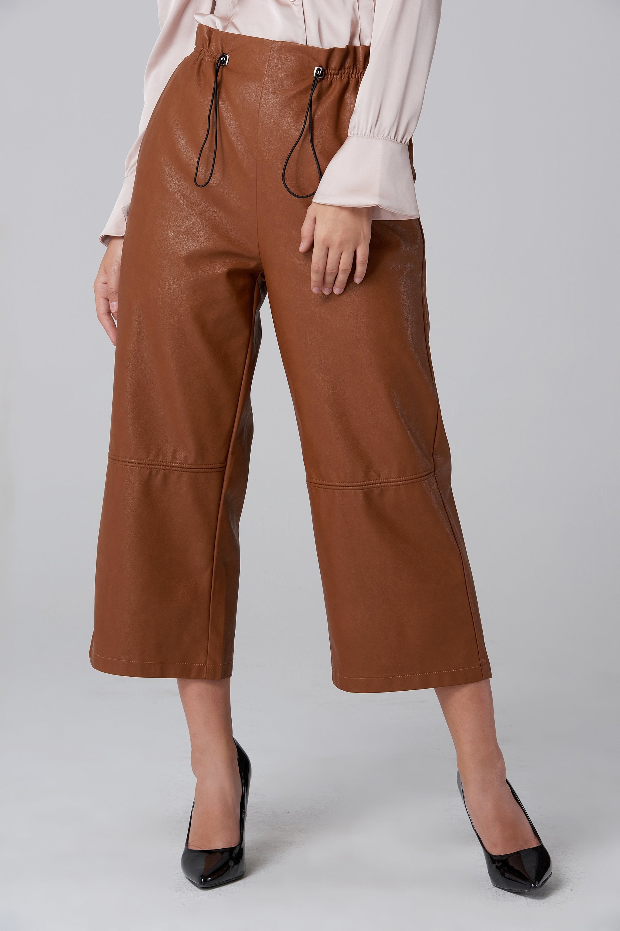 Brown Faux Leather Draw String Pants - ownthelooks-Development