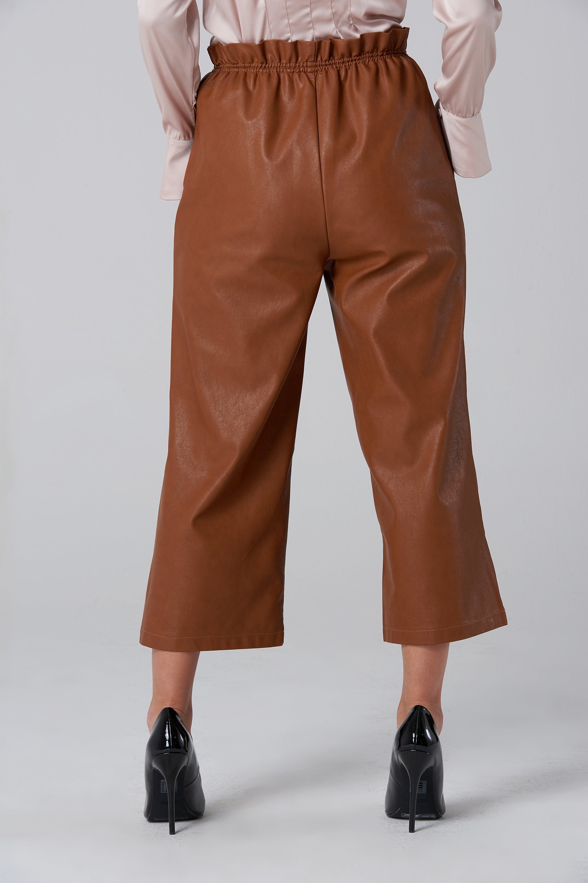Brown Faux Leather Draw String Pants - ownthelooks-Development