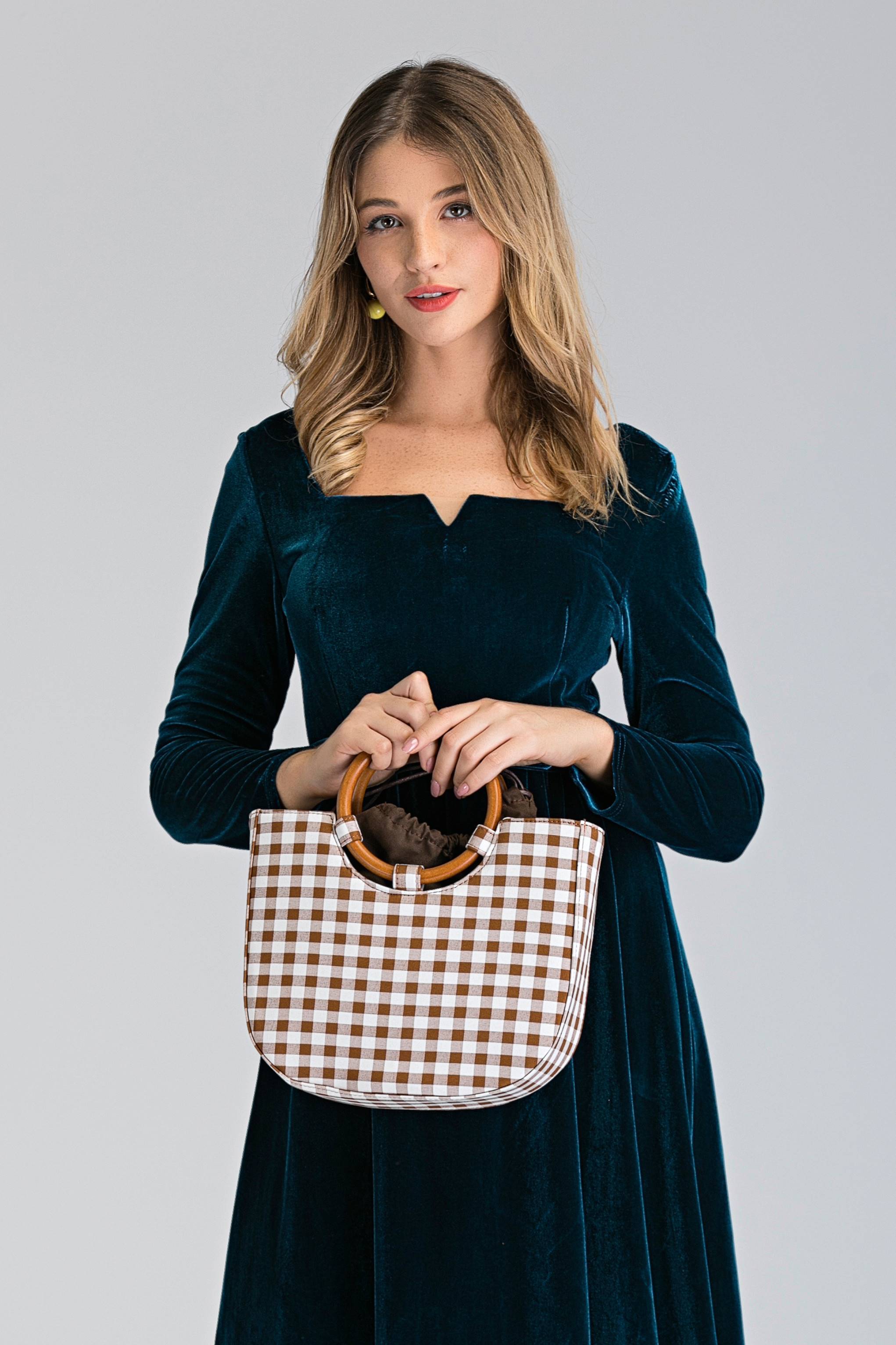 Brown Gingham Wood Ring Handle Bag - ownthelooks-Development