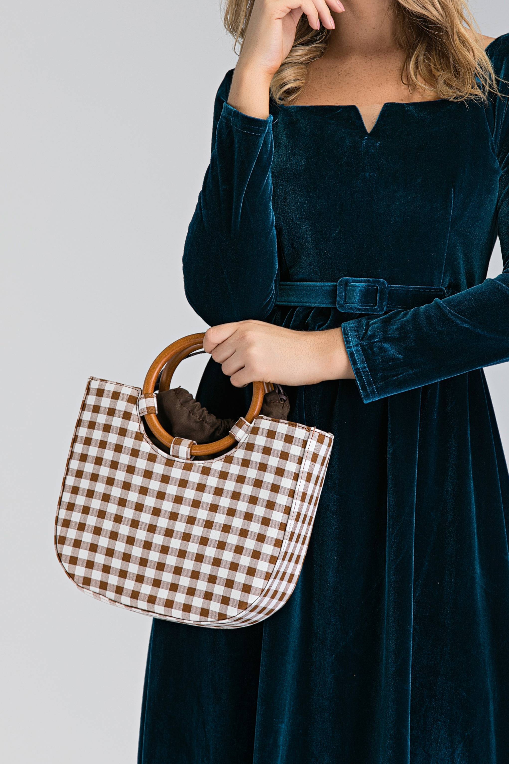Brown Gingham Wood Ring Handle Bag - ownthelooks-Development