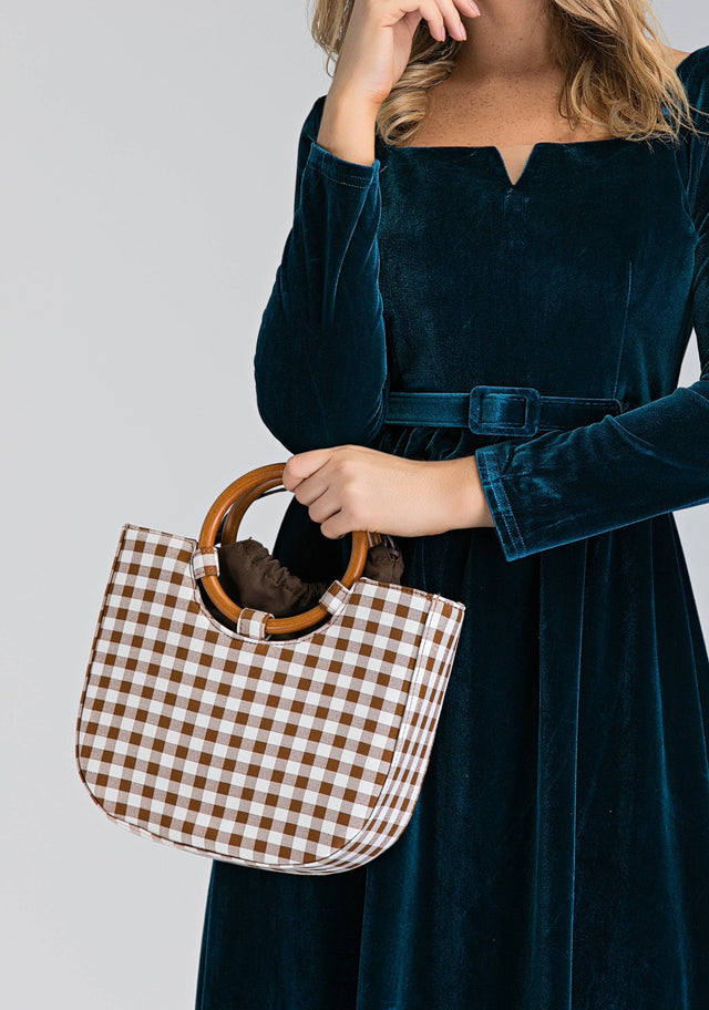 Brown Gingham Wood Ring Handle Bag - ownthelooks-Development