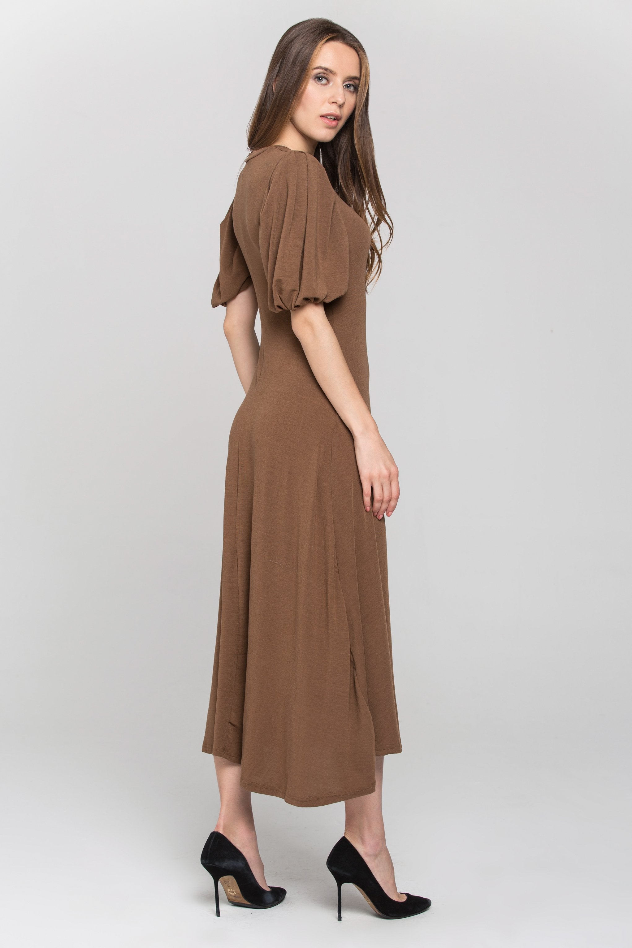 Brown High Neck Puff Sleeves Maxi Dress - ownthelooks-Development