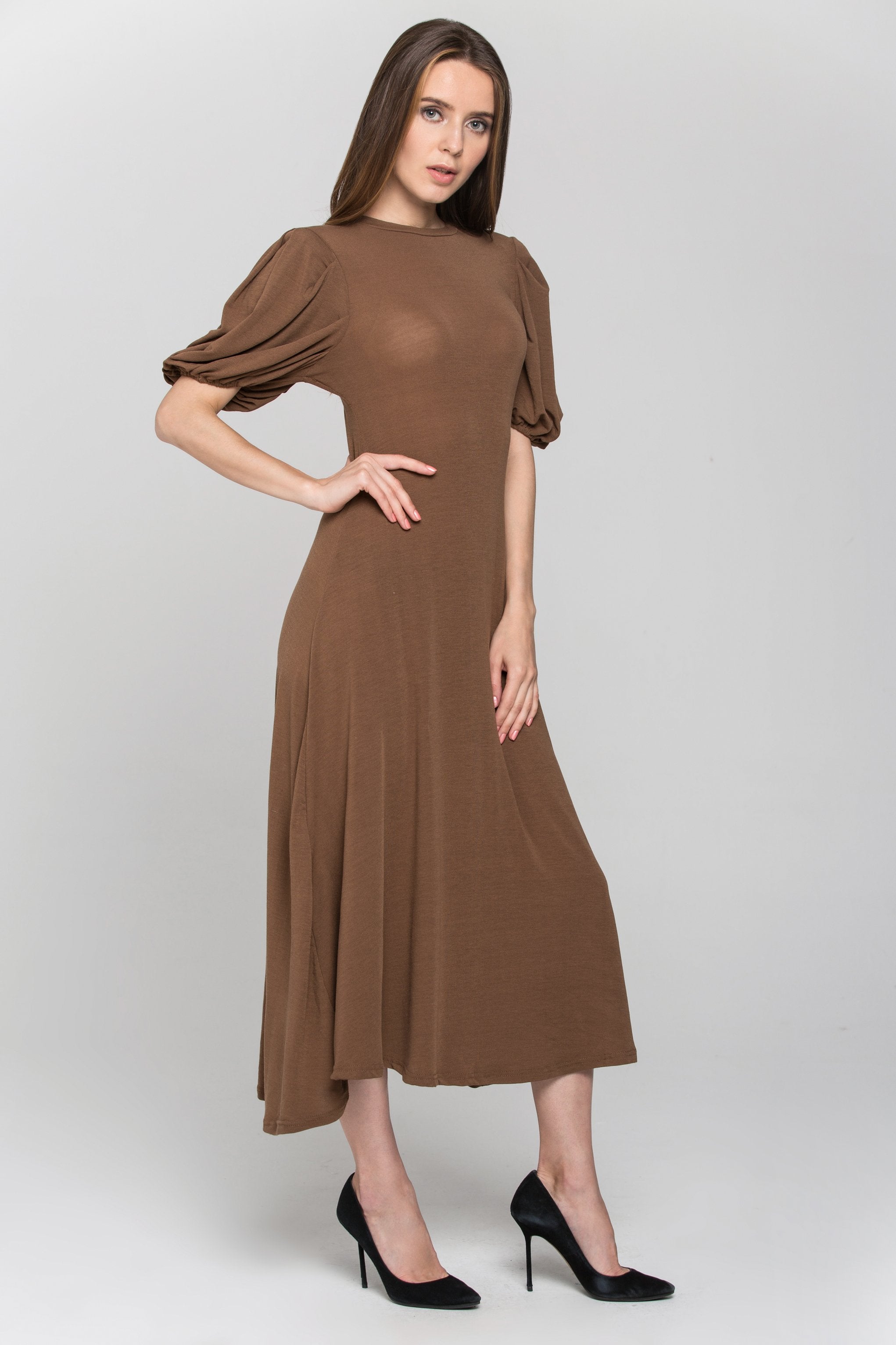 Brown High Neck Puff Sleeves Maxi Dress - ownthelooks-Development