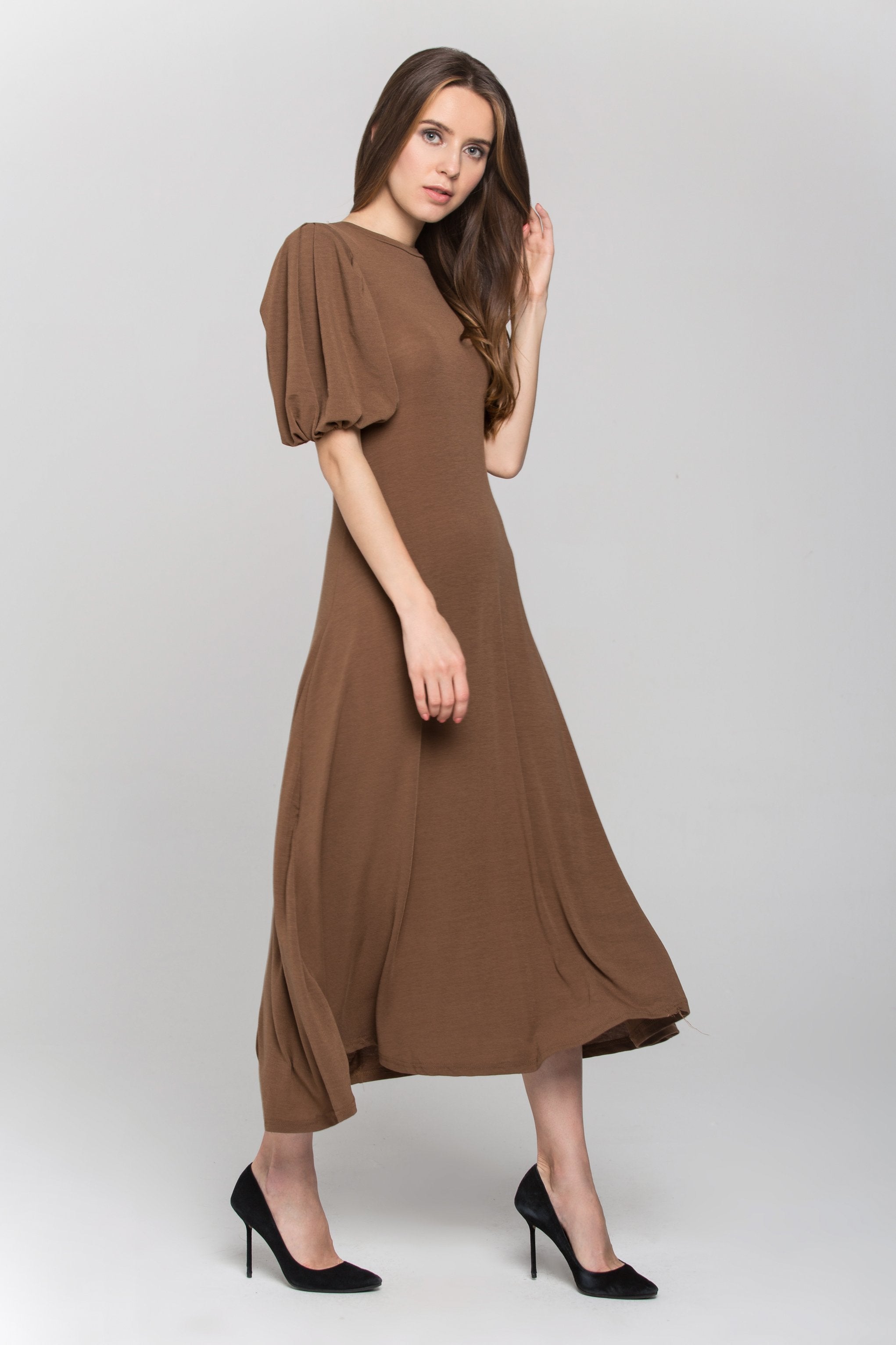 Brown High Neck Puff Sleeves Maxi Dress - ownthelooks-Development