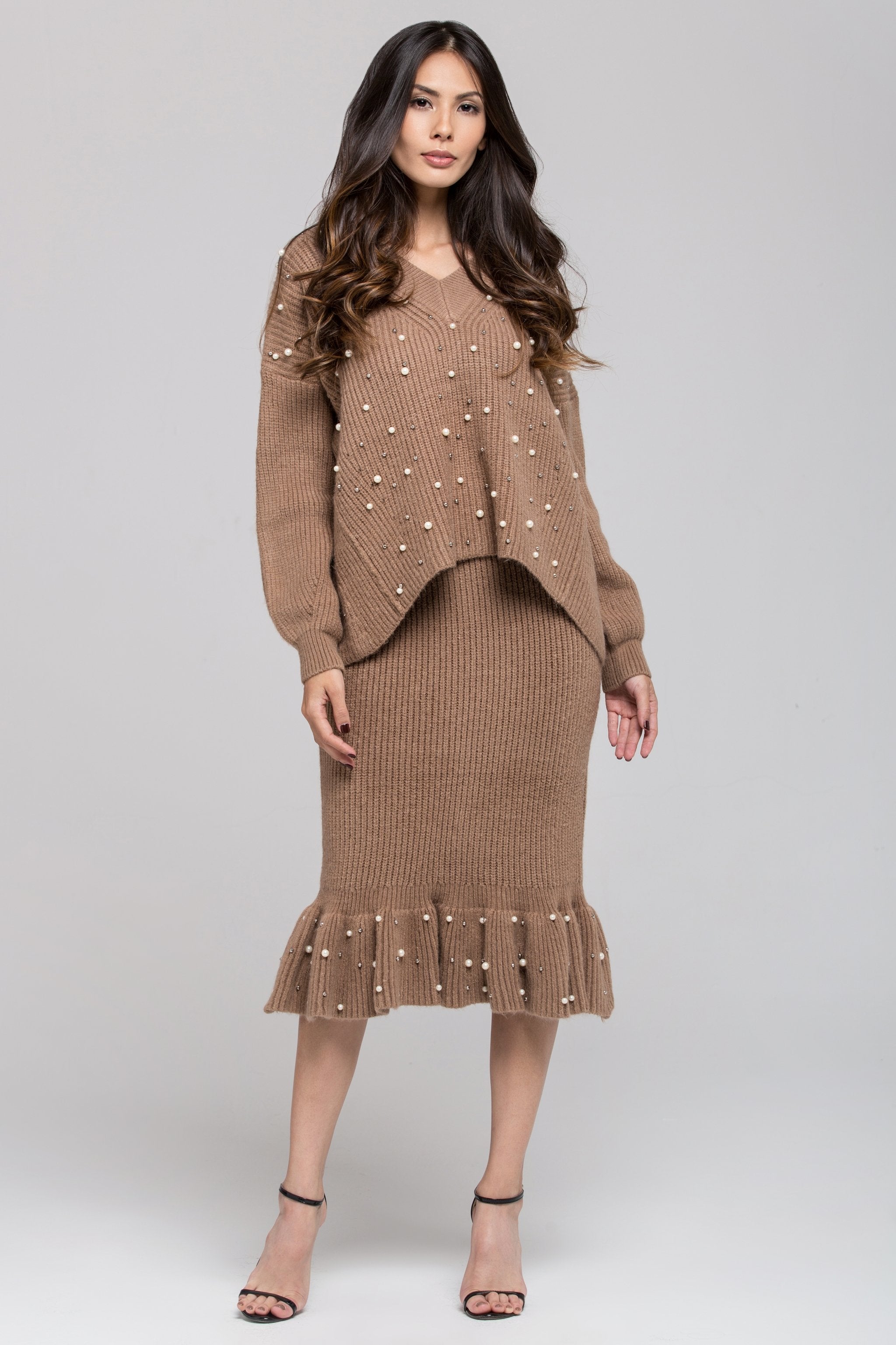 Brown Knit Pearl Detail Sweater and Skirt Set - ownthelooks-Development