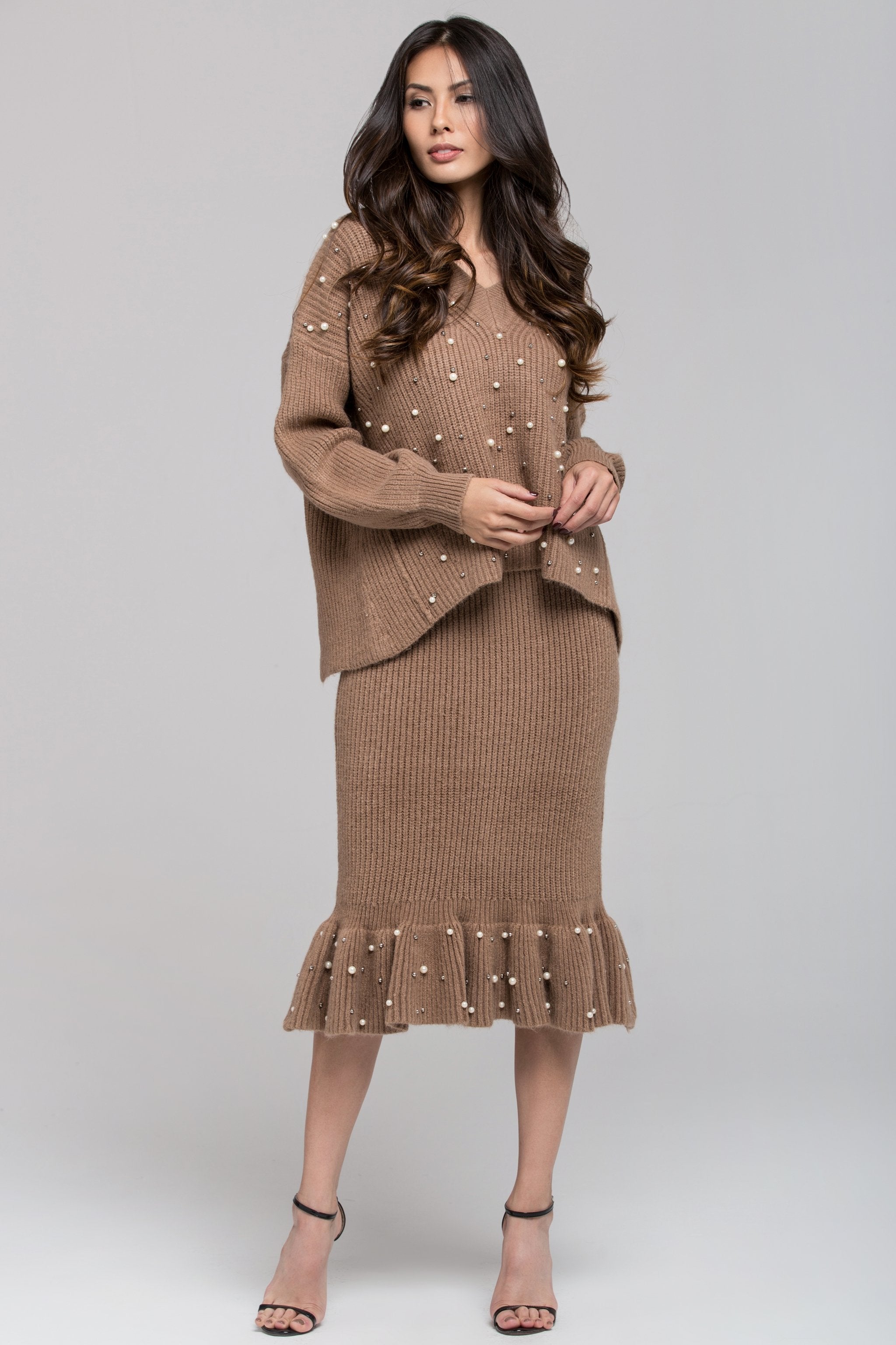 Brown Knit Pearl Detail Sweater and Skirt Set - ownthelooks-Development