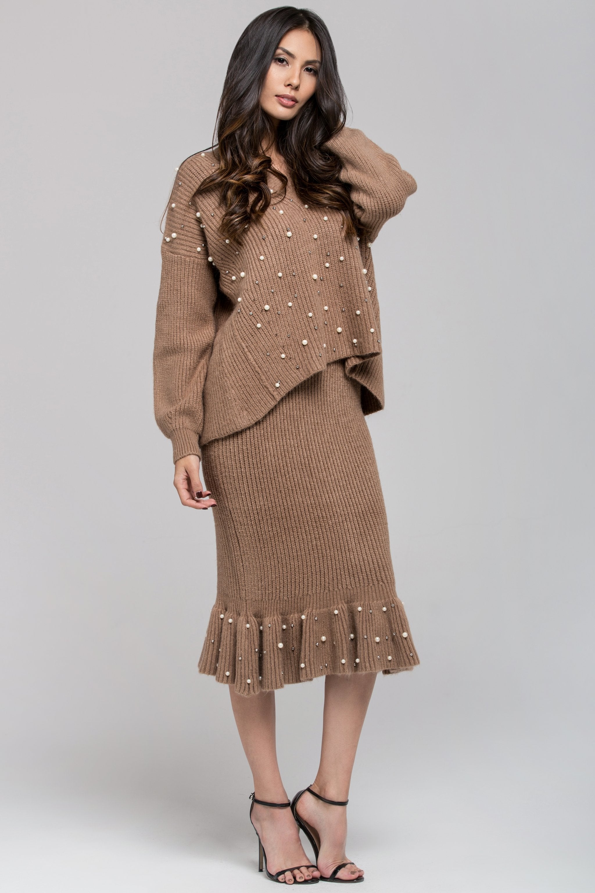 Brown Knit Pearl Detail Sweater and Skirt Set - ownthelooks-Development