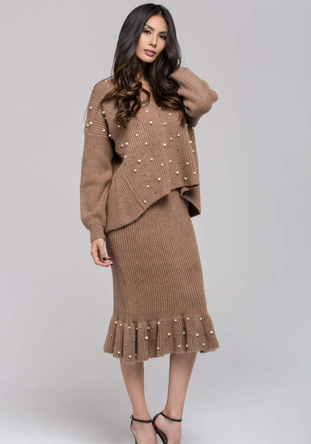 Brown Knit Pearl Detail Sweater and Skirt Set - ownthelooks-Development