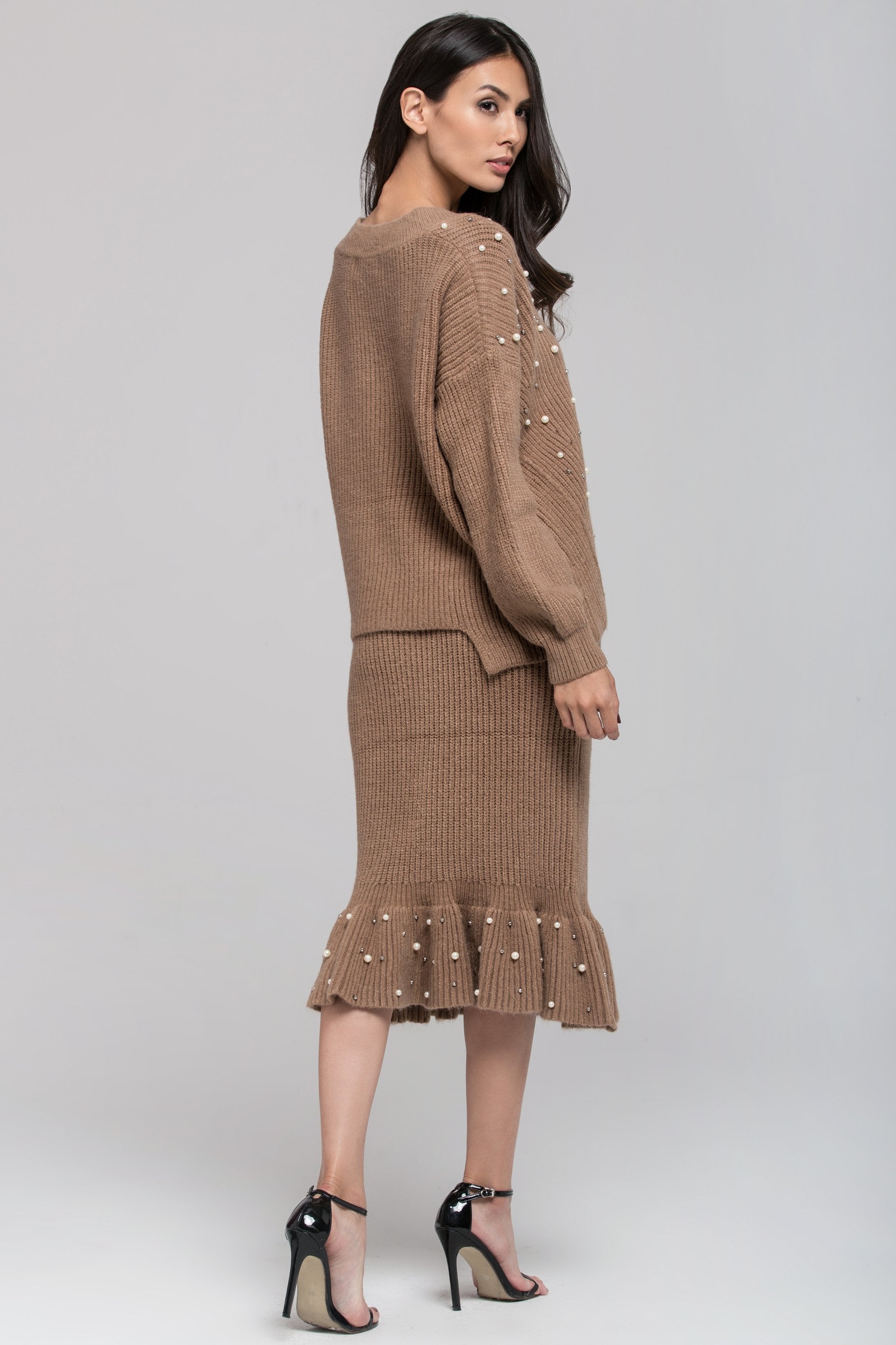 Brown Knit Pearl Detail Sweater and Skirt Set - ownthelooks-Development