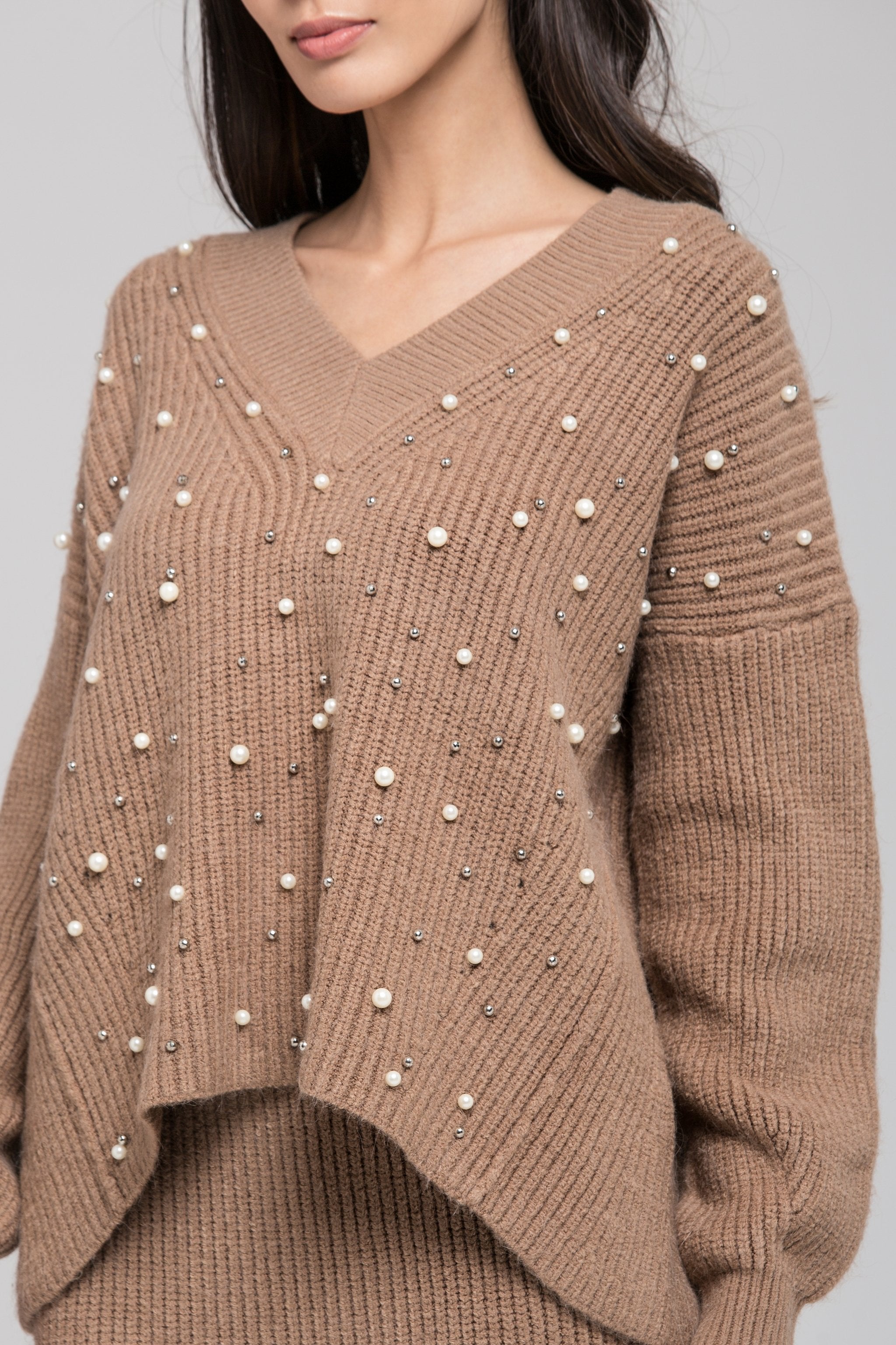 Brown Knit Pearl Detail Sweater and Skirt Set - ownthelooks-Development